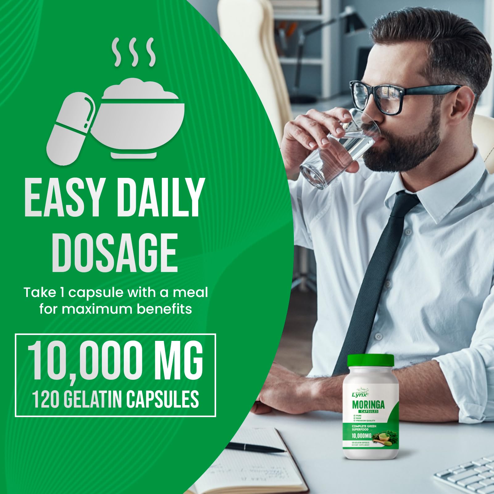Leaping Lynx Moringa Leaf Extract capsules with measuring spoon