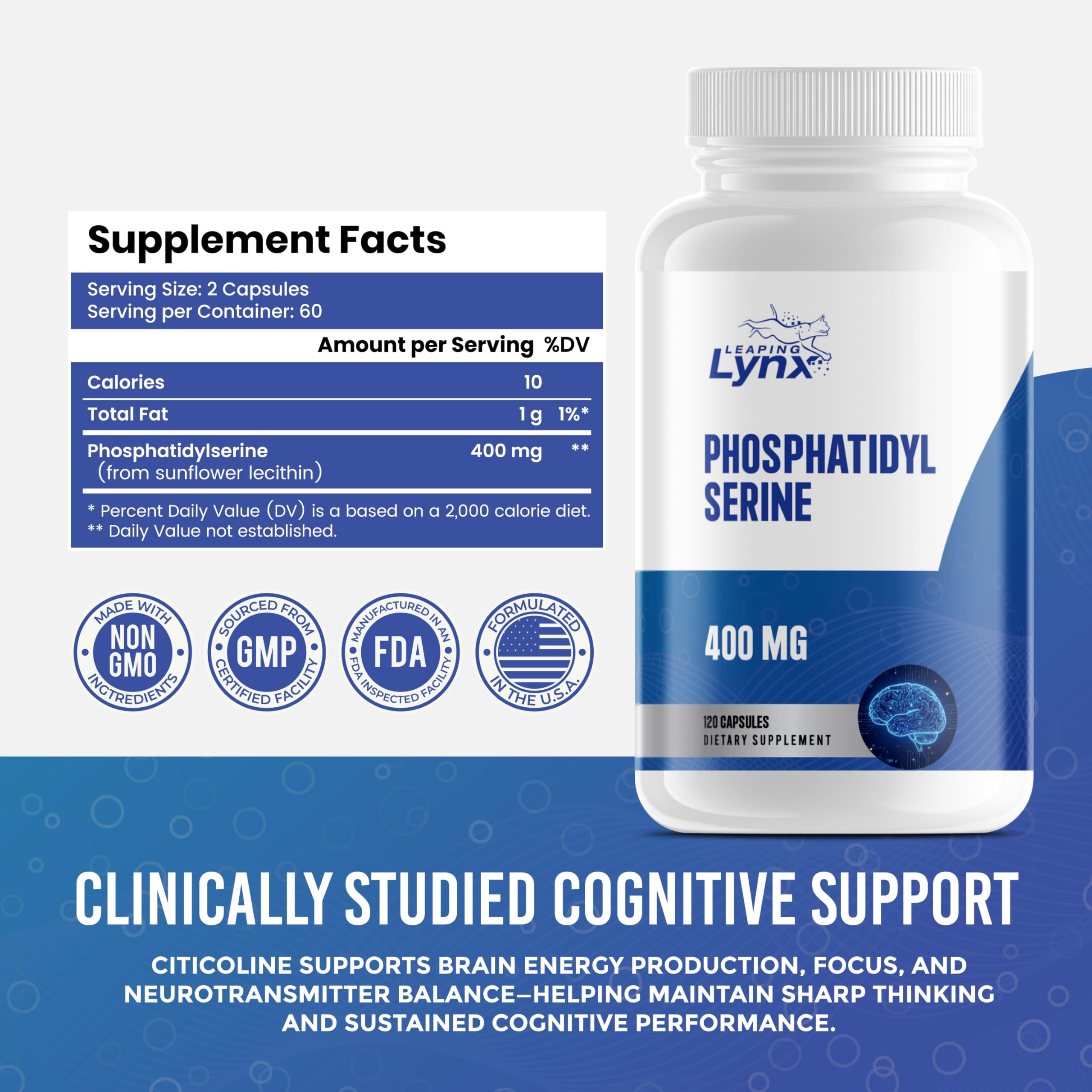 Leaping Lynx Phosphatidylserine 400mg Capsules bottle with label
