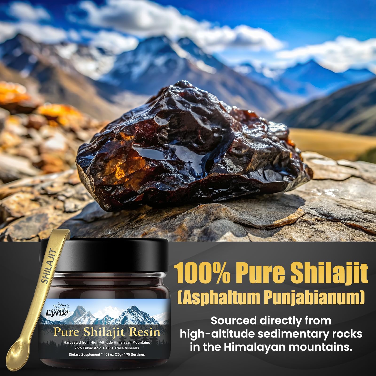 Leaping Lynx Shilajit Resin 1000mg on a wooden table