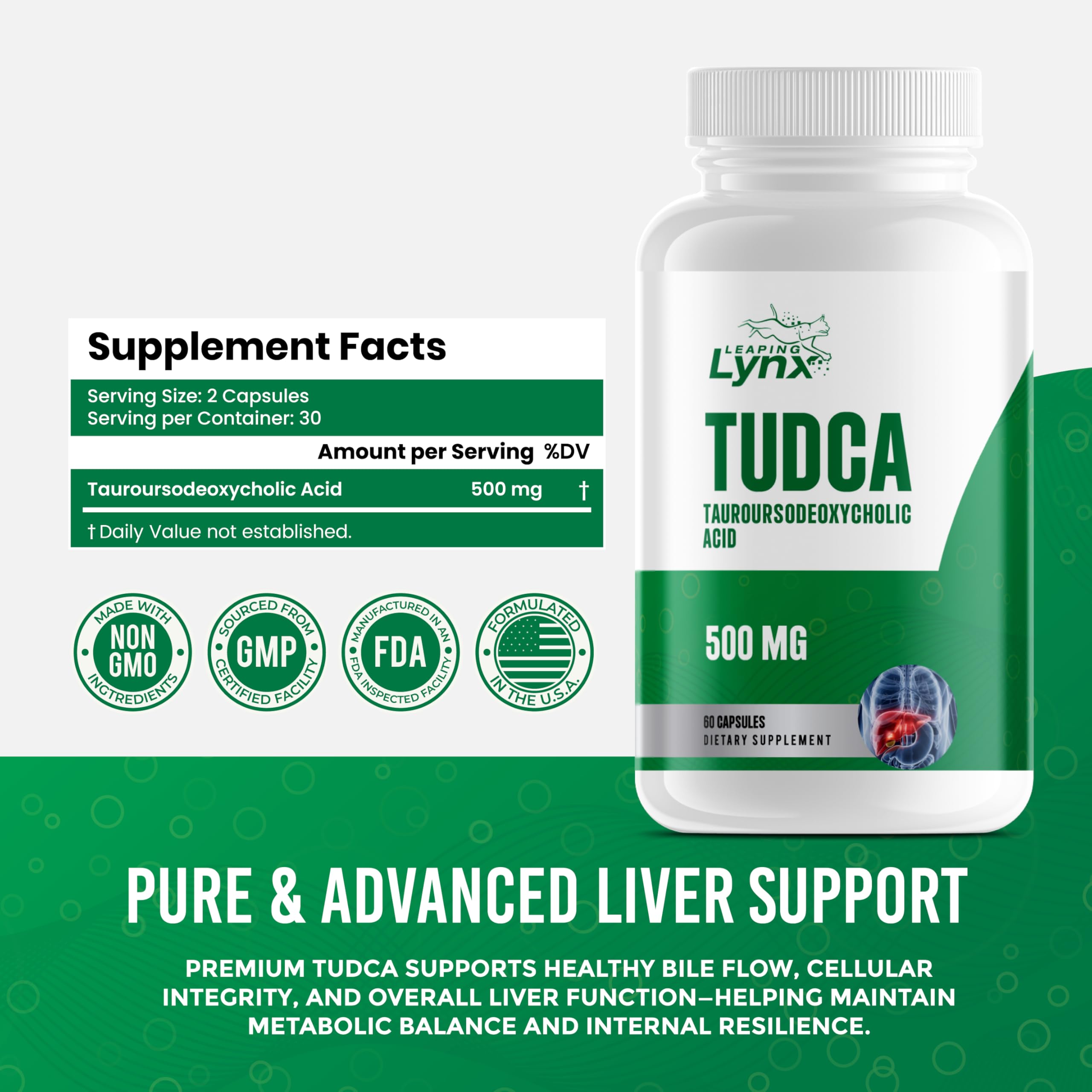Leaping Lynx TUDCA 500mg supplement capsule close-up