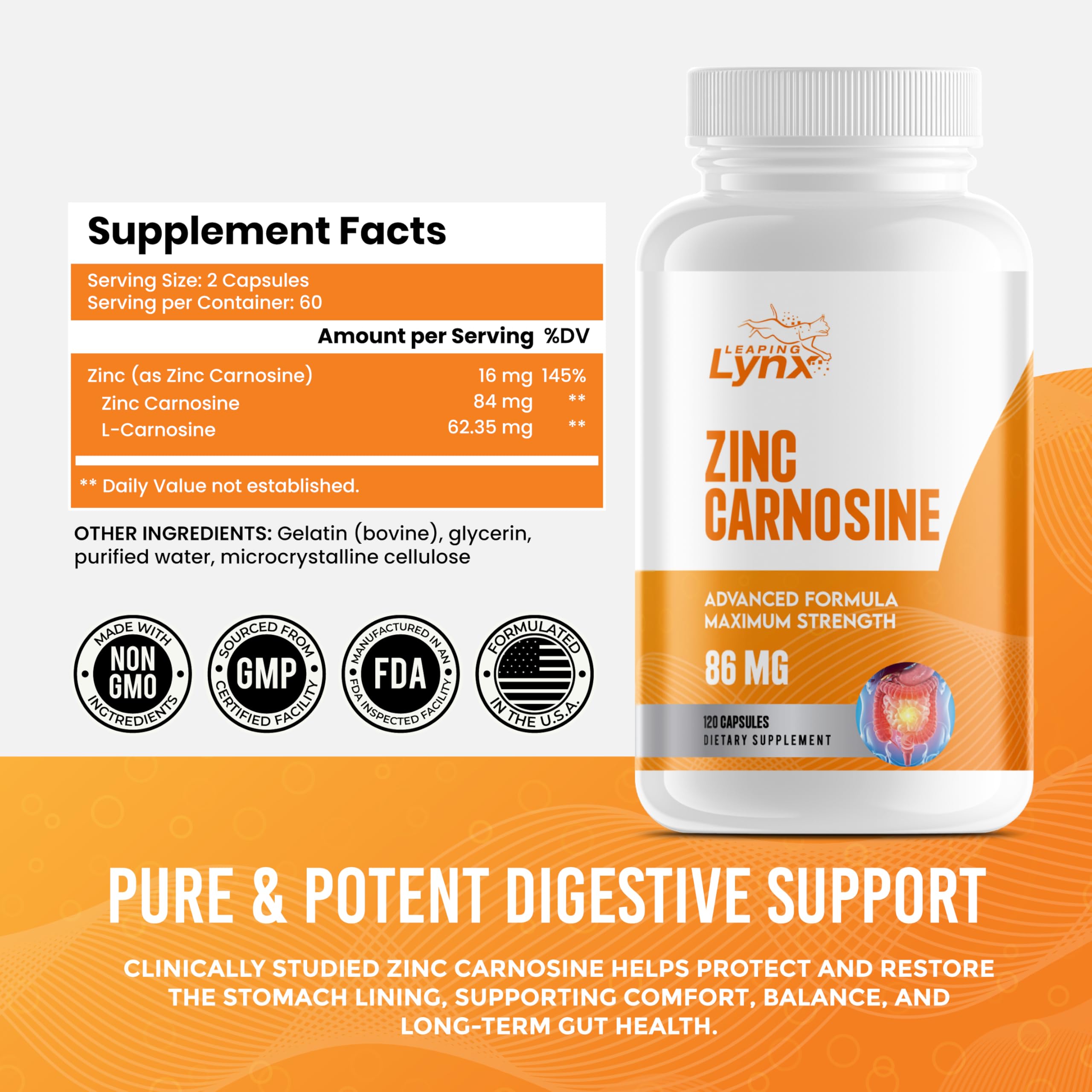 Leaping Lynx Zinc Carnosine Capsules 86 mg bottle with label