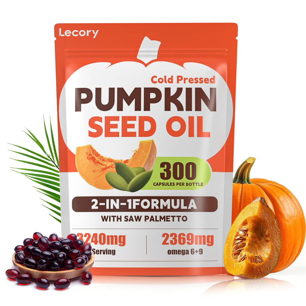 Lecory Pumpkin Seed Oil Softgels front view with packaging