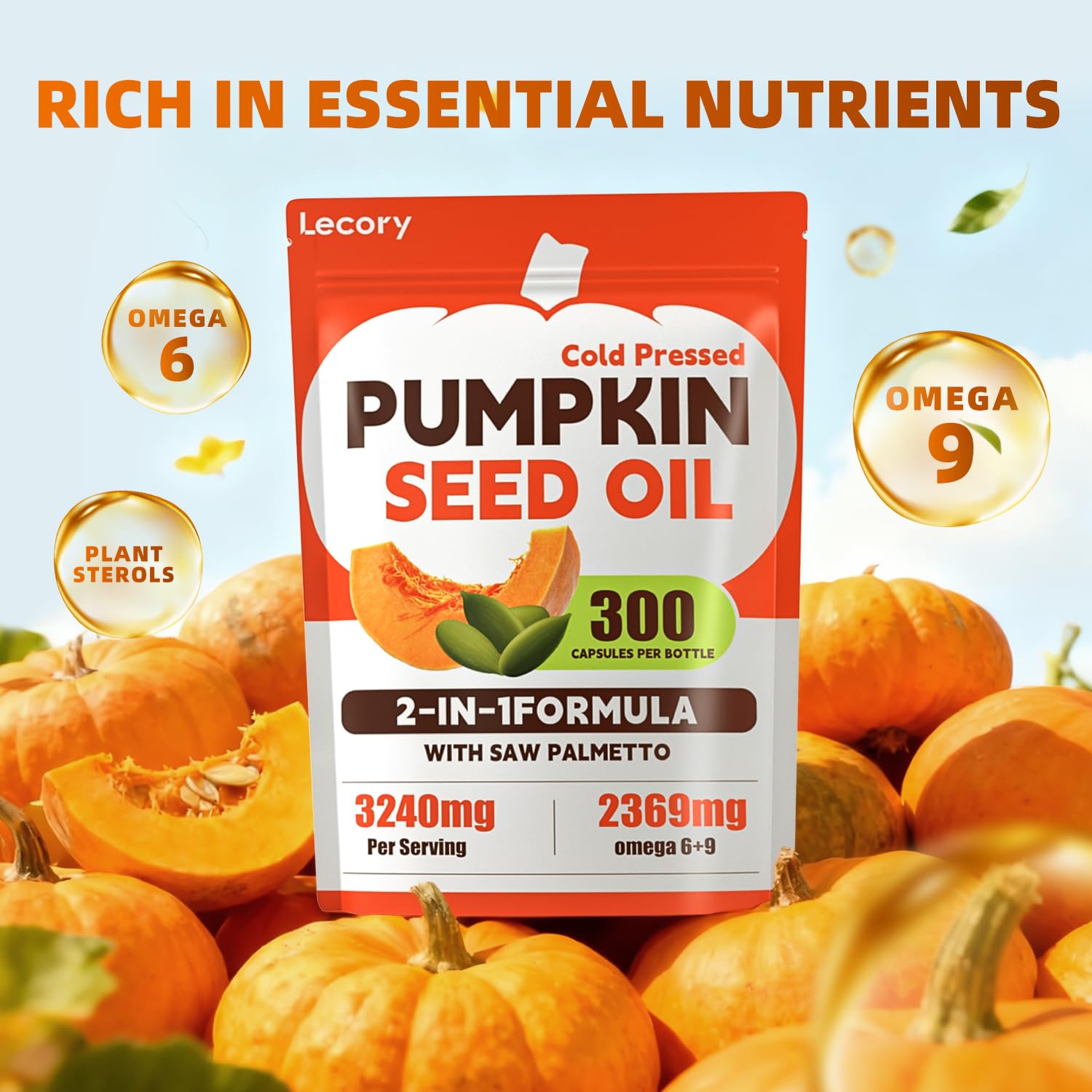 Lecory Pumpkin Seed Oil Softgels on a wooden table