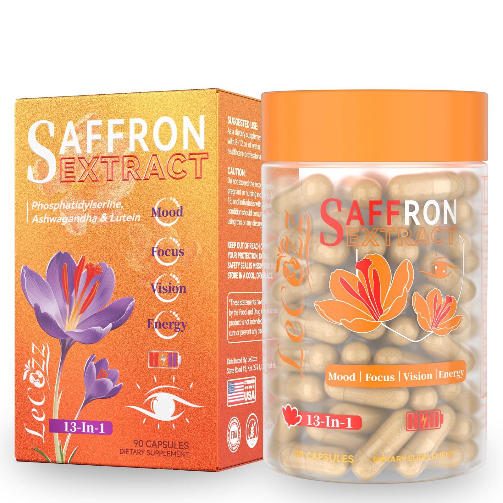 LeCozz Saffron Supplement Capsules front view with packaging