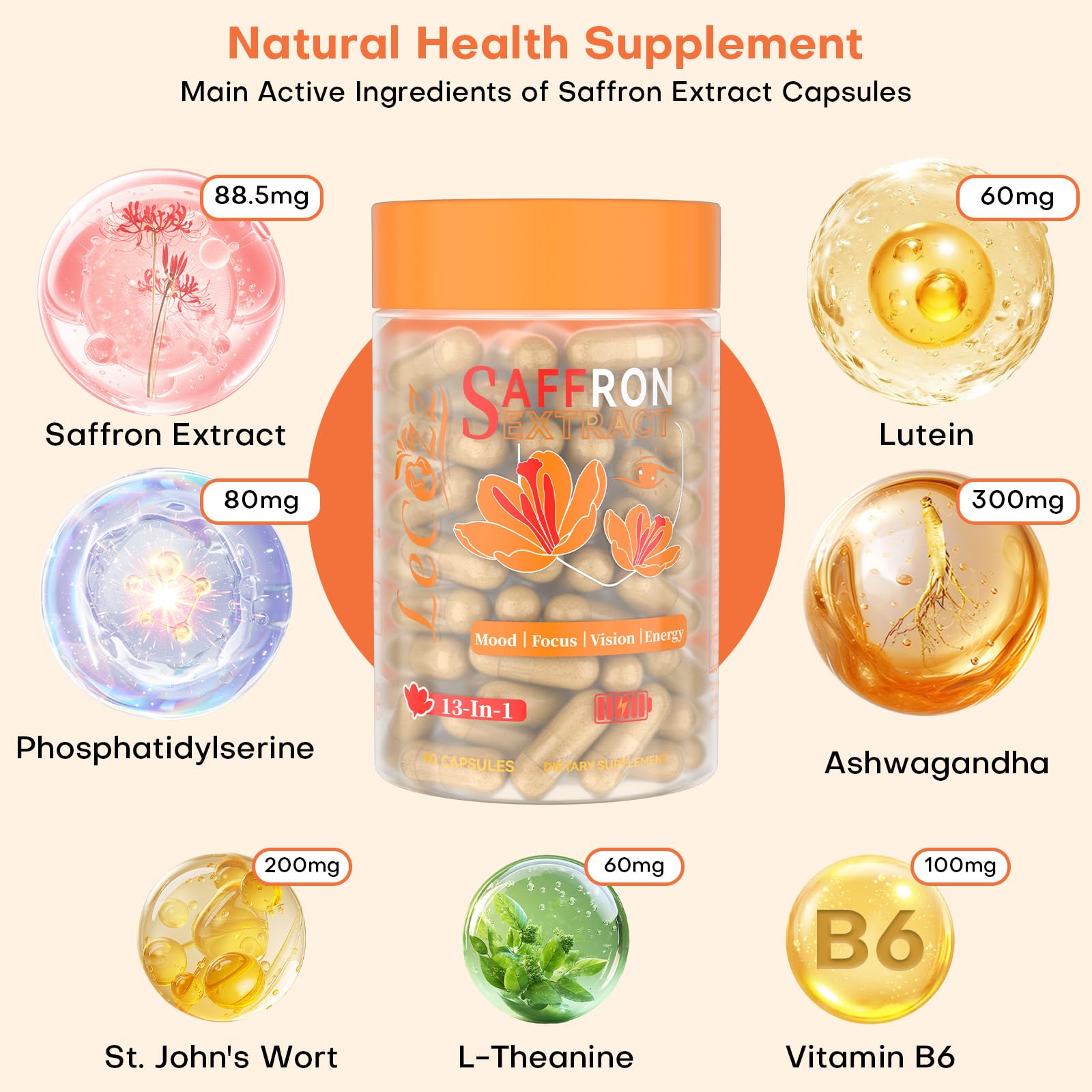 LeCozz Saffron Supplement Capsules on a wooden table with natural light