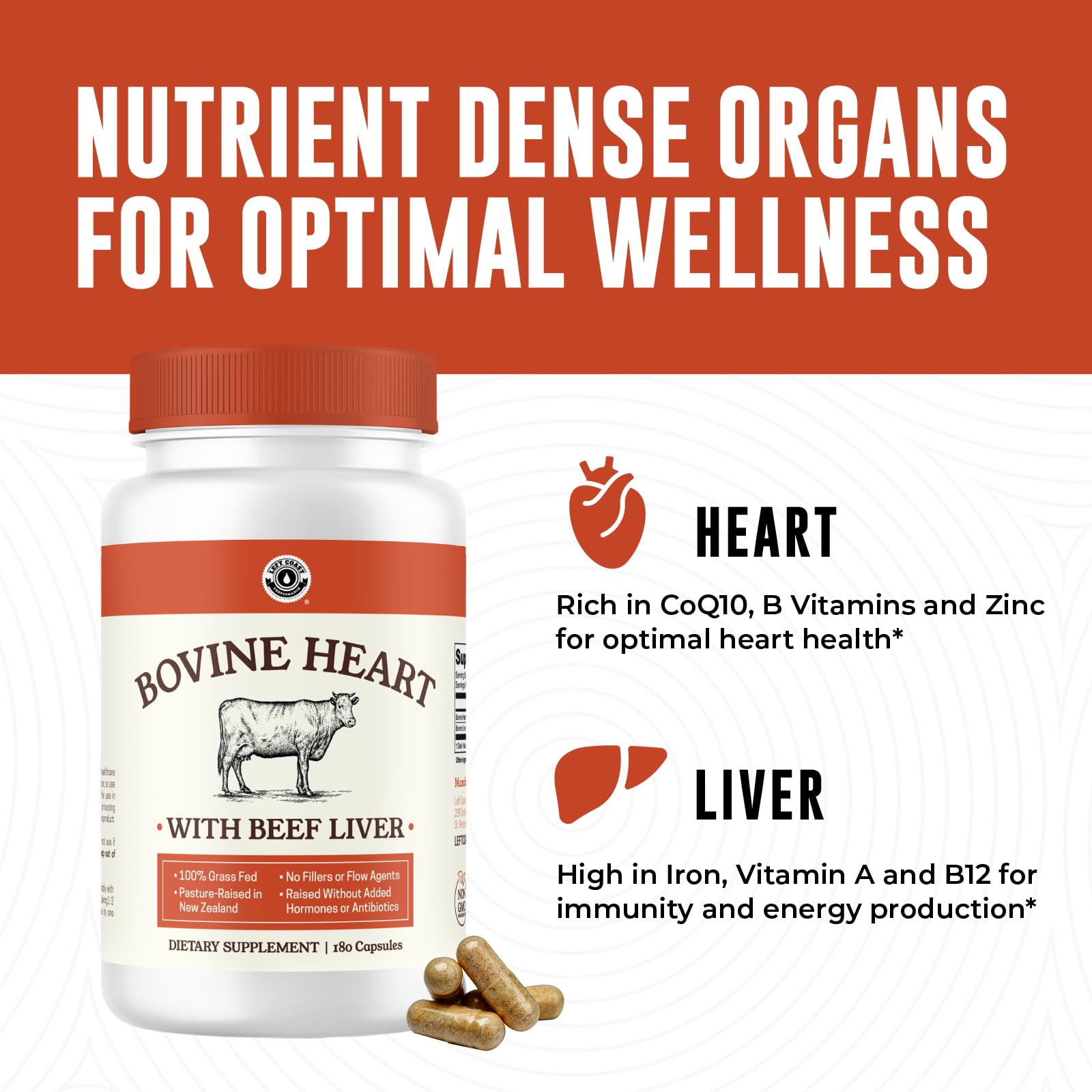 Left Coast Performance Beef Heart and Liver Capsules on a wooden table