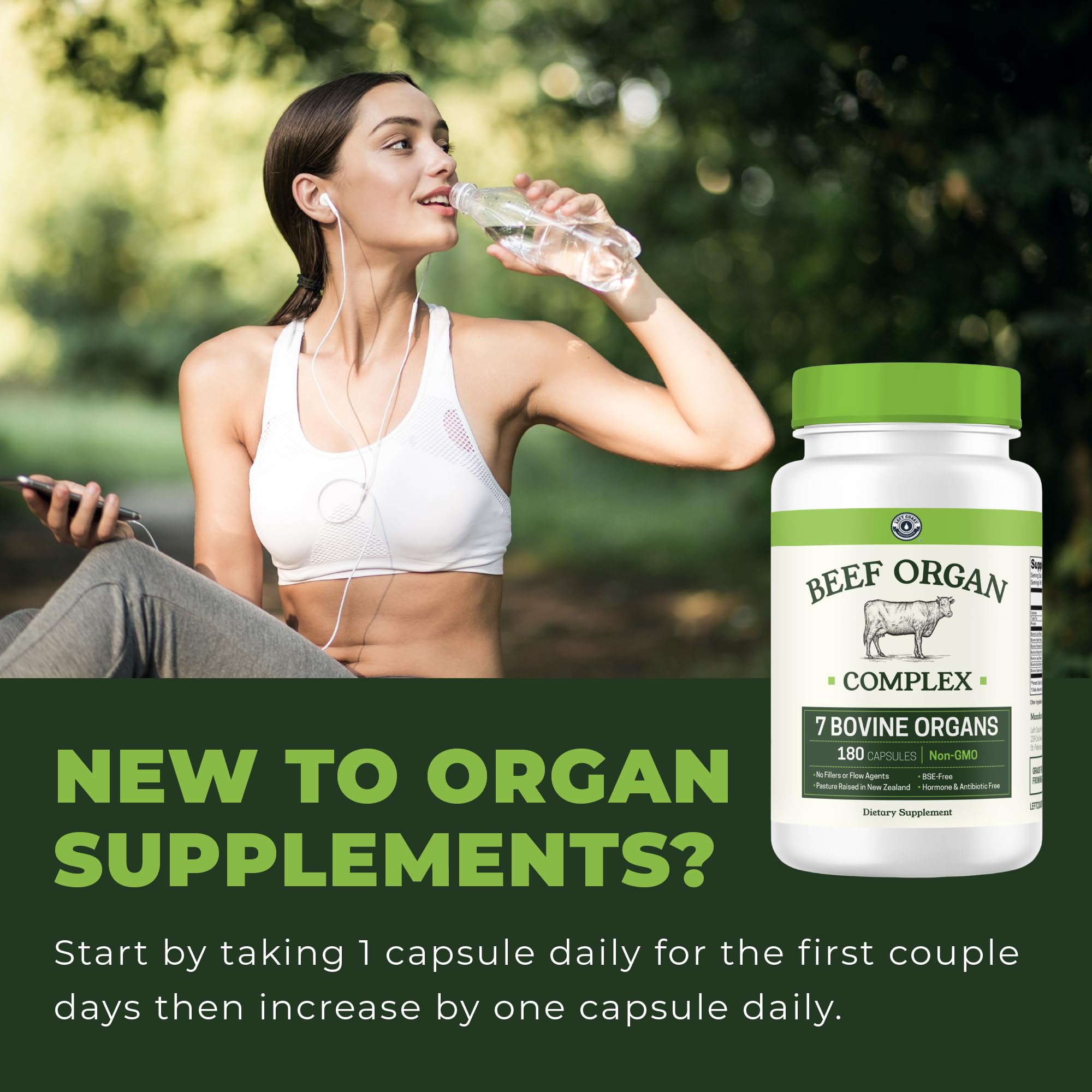 Left Coast Performance Beef Organ Supplement capsules close-up