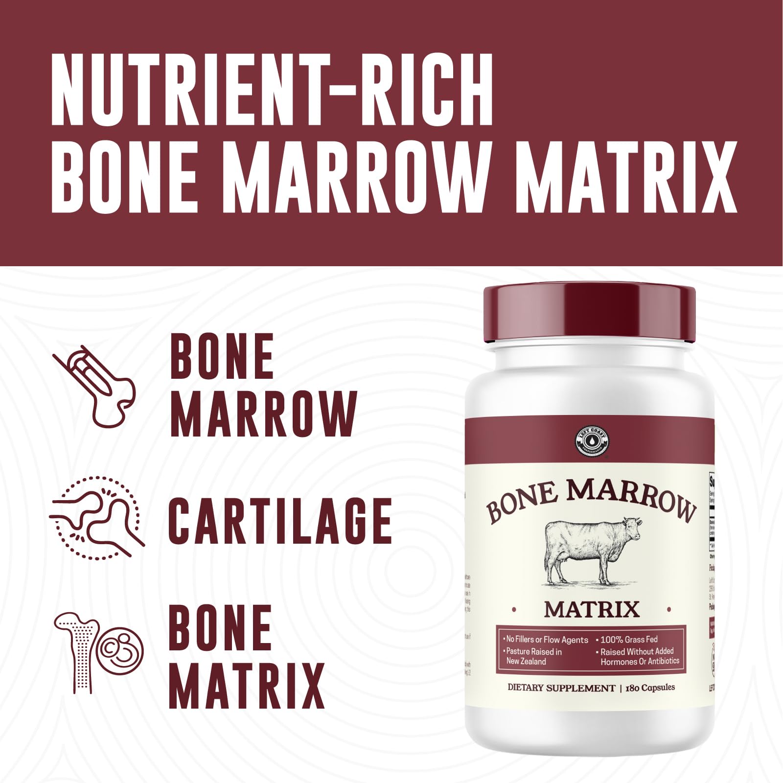 Left Coast Performance Bovine Bone Marrow Capsules on a wooden table