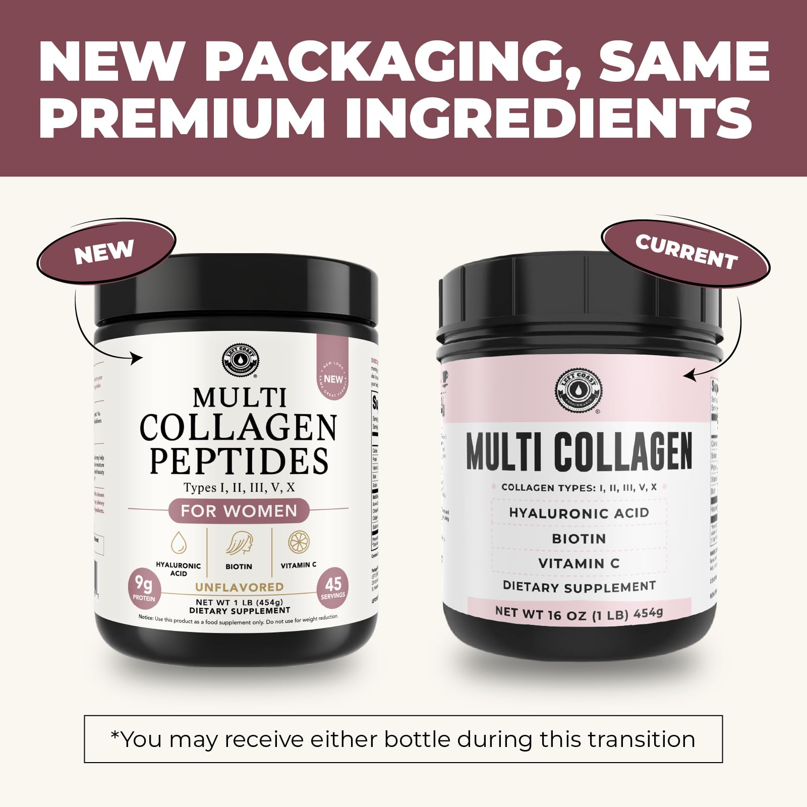 Left Coast Performance Collagen Supplement 16oz jar with lid