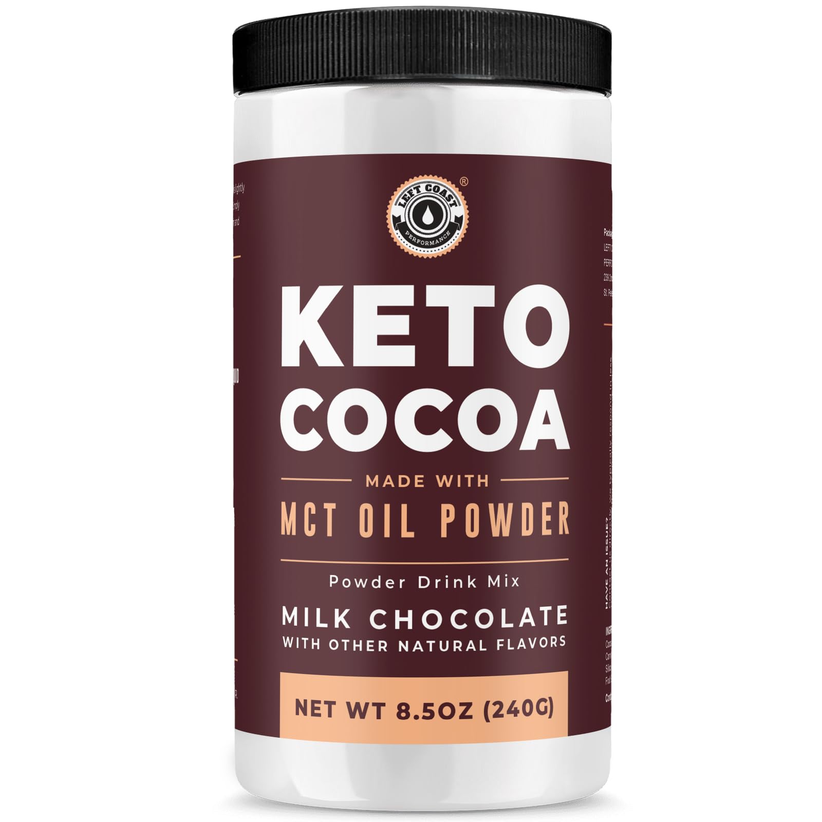 Left Coast Performance Keto Friendly Hot Chocolate Drink Mix 240g front view