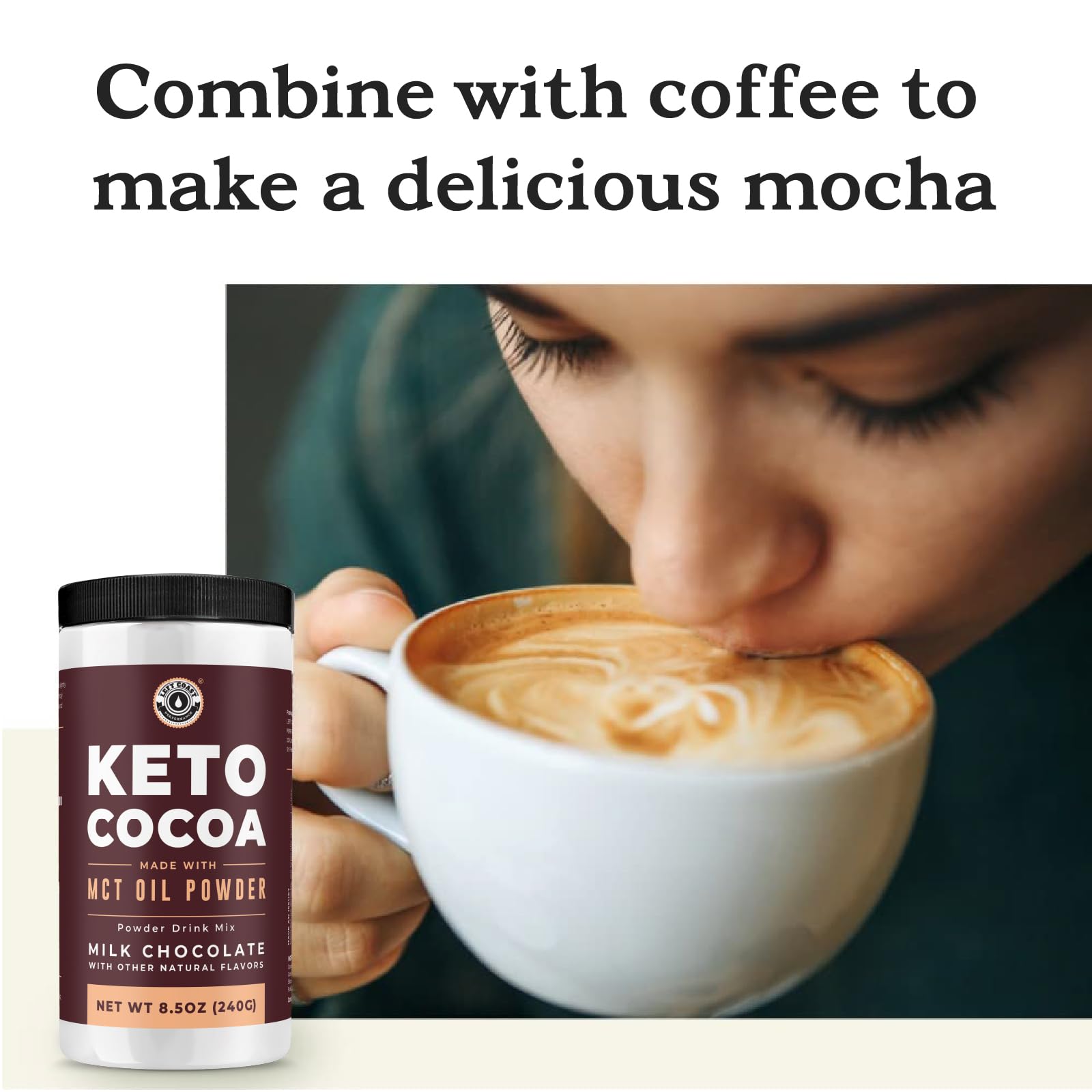 Left Coast Performance Keto Friendly Hot Chocolate Drink Mix 240g served in a cup
