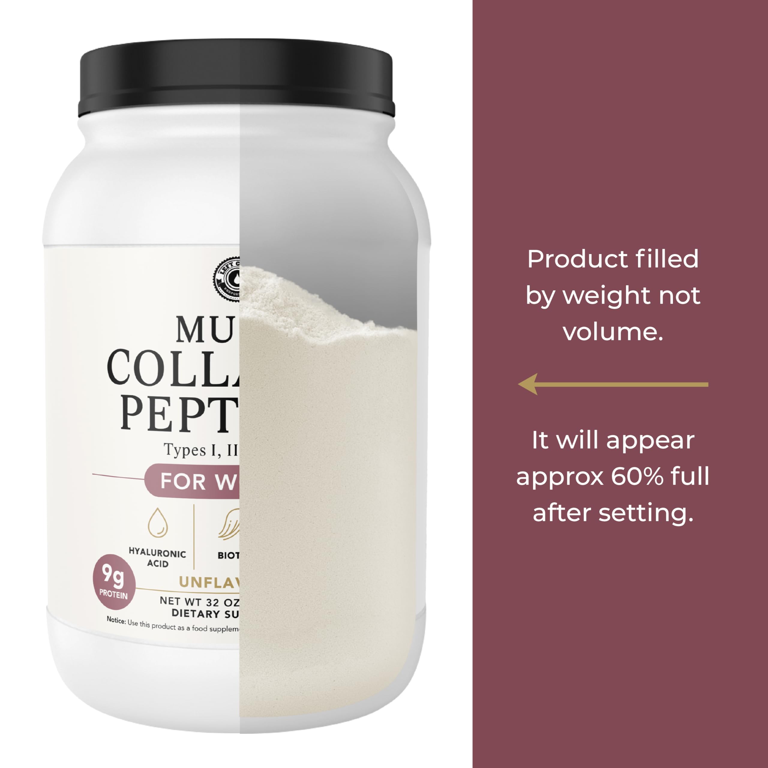 Left Coast Performance Multi Collagen Protein Powder 2LB jar with scoop