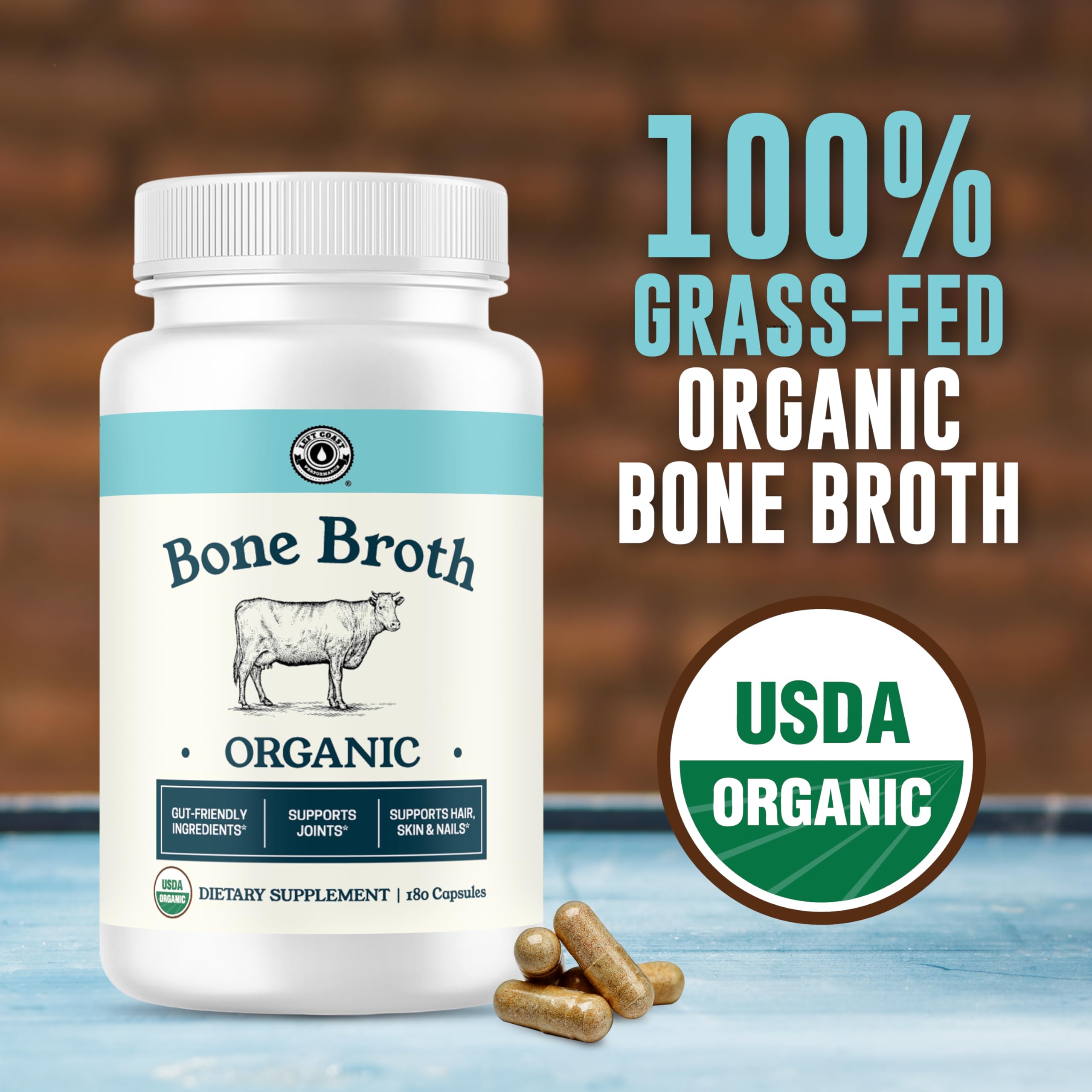 Left Coast Performance Organic Bone Broth Capsules with packaging