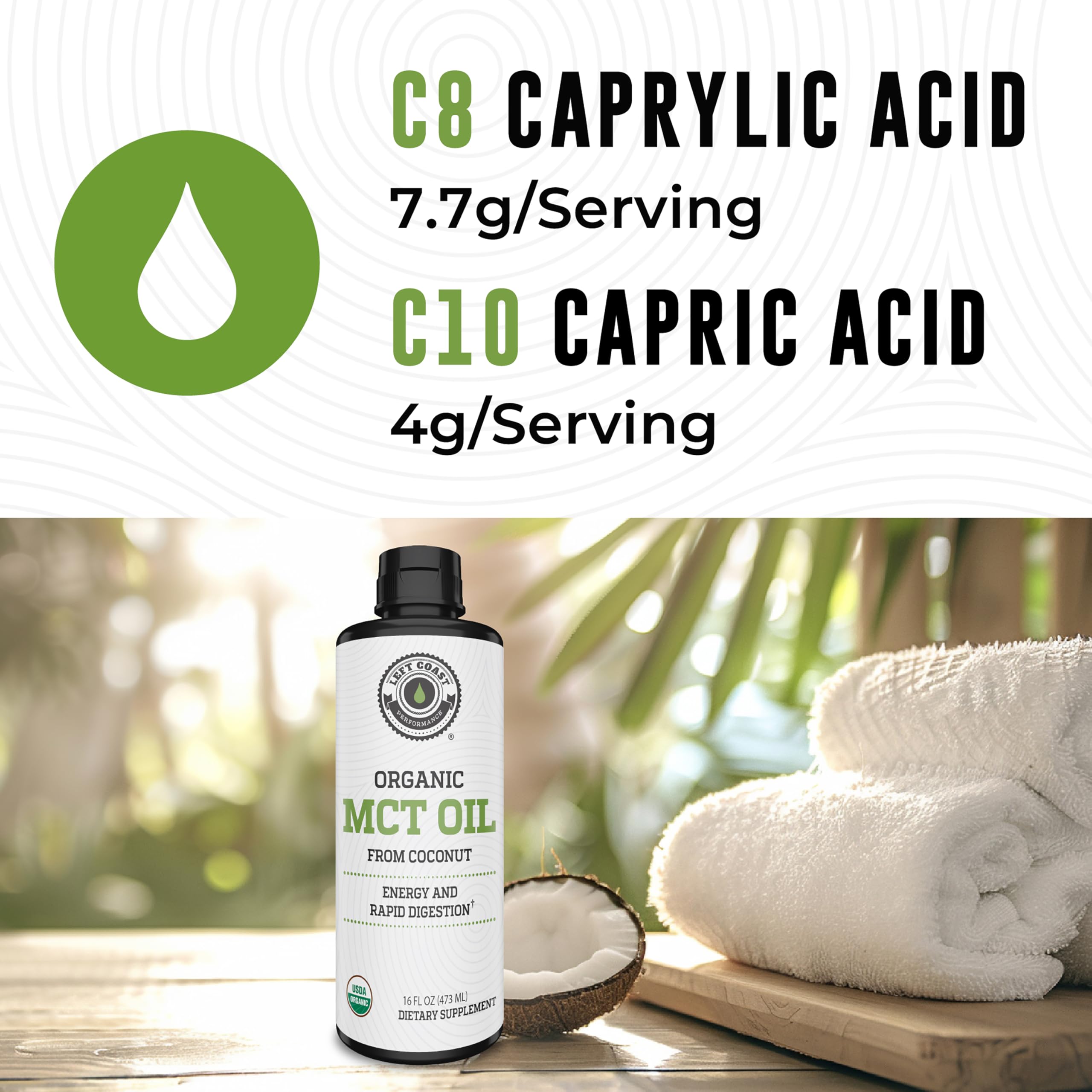 Left Coast Performance Organic MCT Oil 508g poured into a spoon