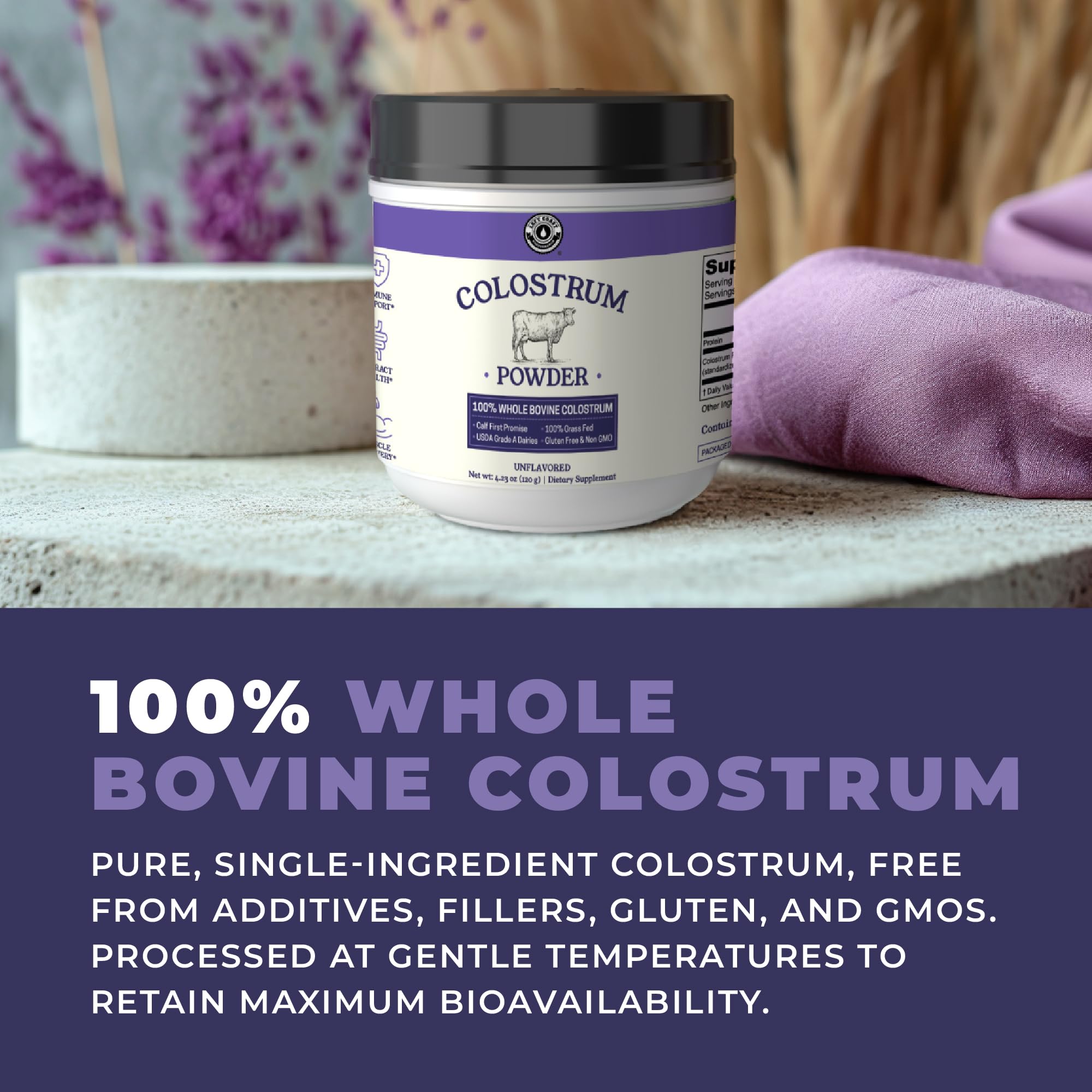 Left Coast Performance Whole Bovine Colostrum Powder in a bowl with a spoon