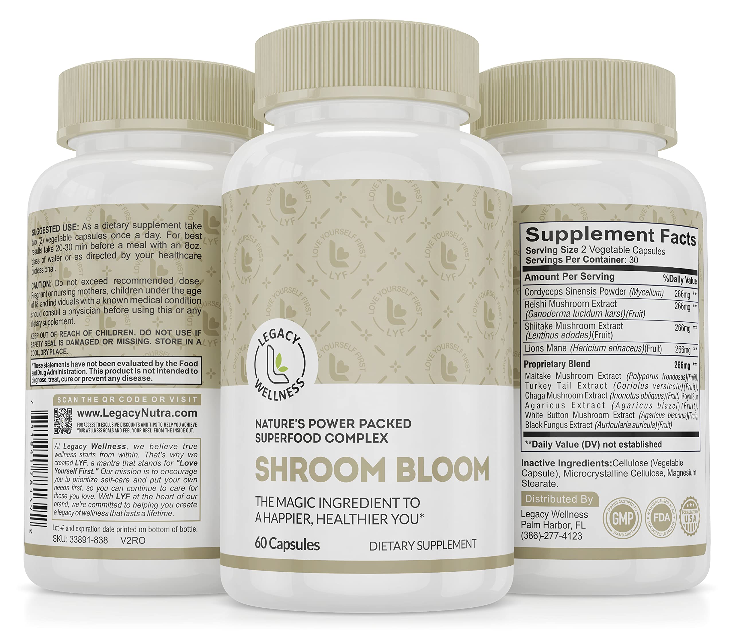 LegacyNutra S'HROOM BLOOM mushroom supplement capsules front view
