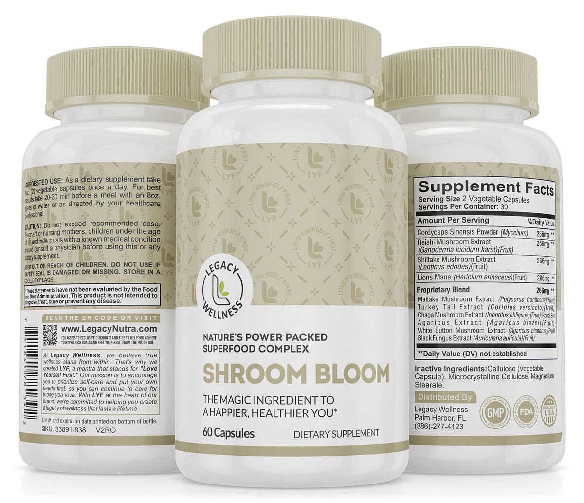 LegacyNutra S'HROOM BLOOM mushroom supplement capsules front view