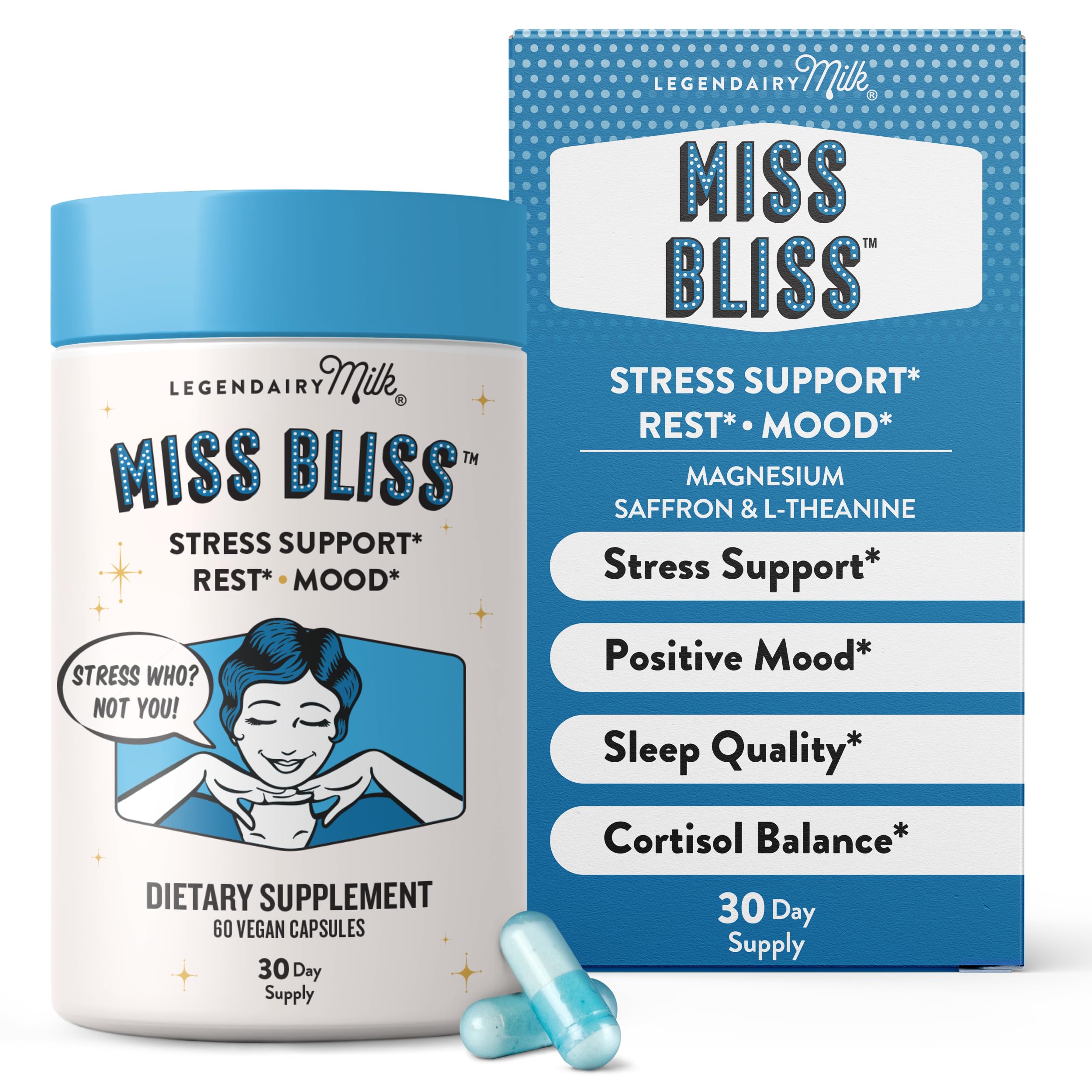 Legendairy Milk Miss Bliss bottle front view with 60 vegan capsules