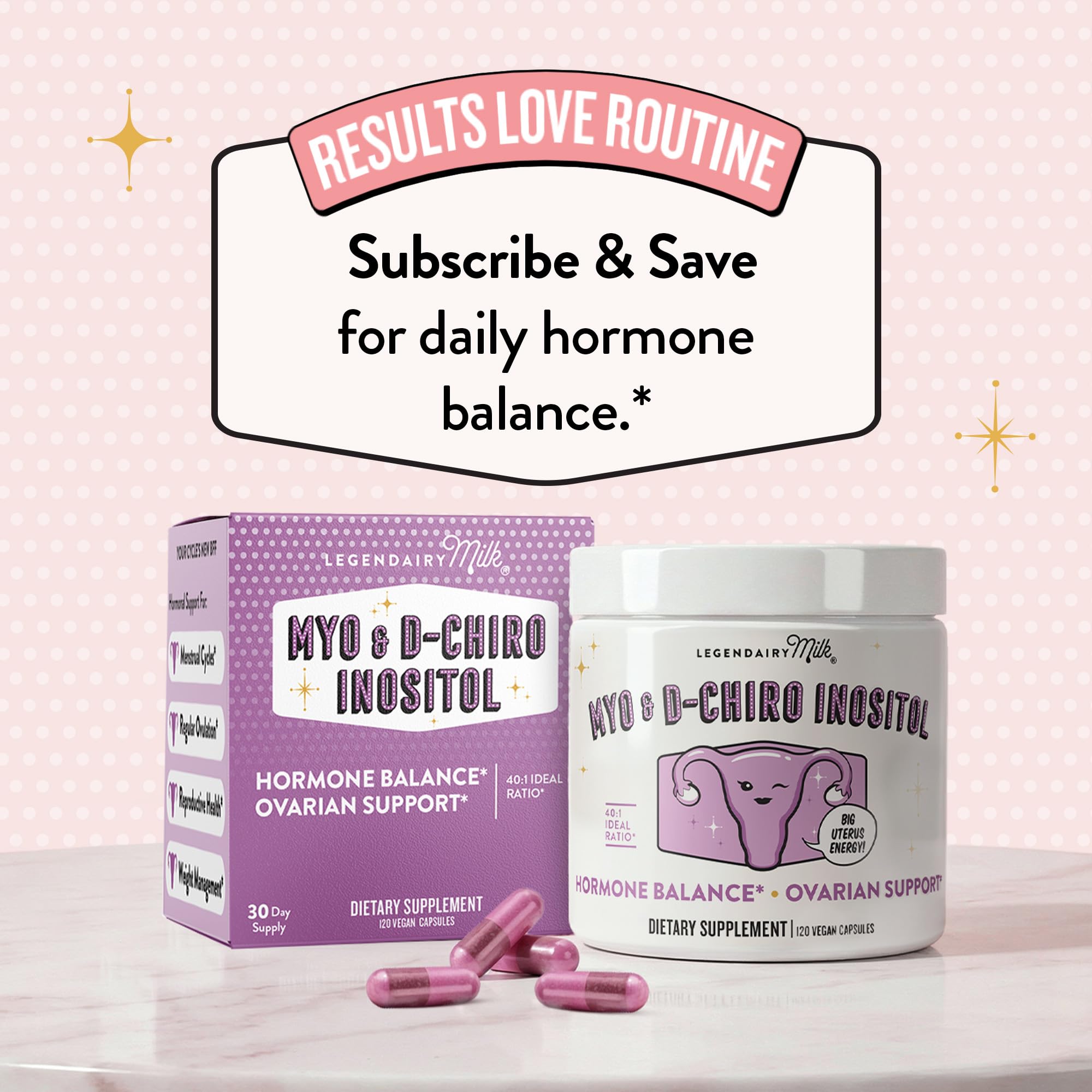 Legendairy Milk Myo & D-Chiro Inositol capsules in a hand