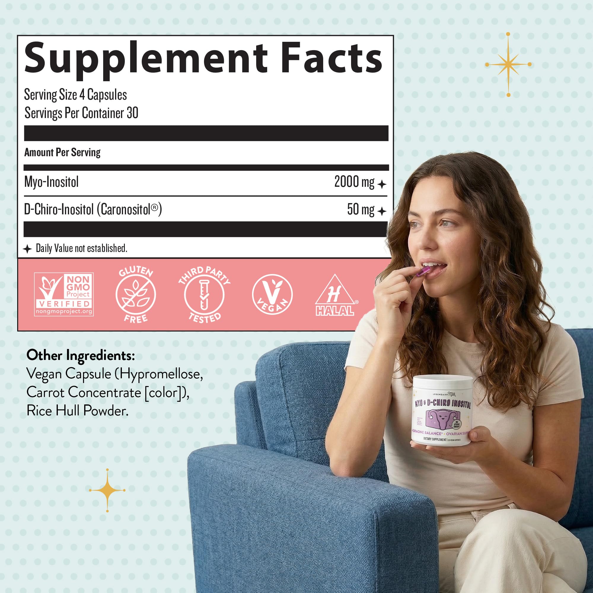 Legendairy Milk Myo & D-Chiro Inositol capsules on a wooden surface