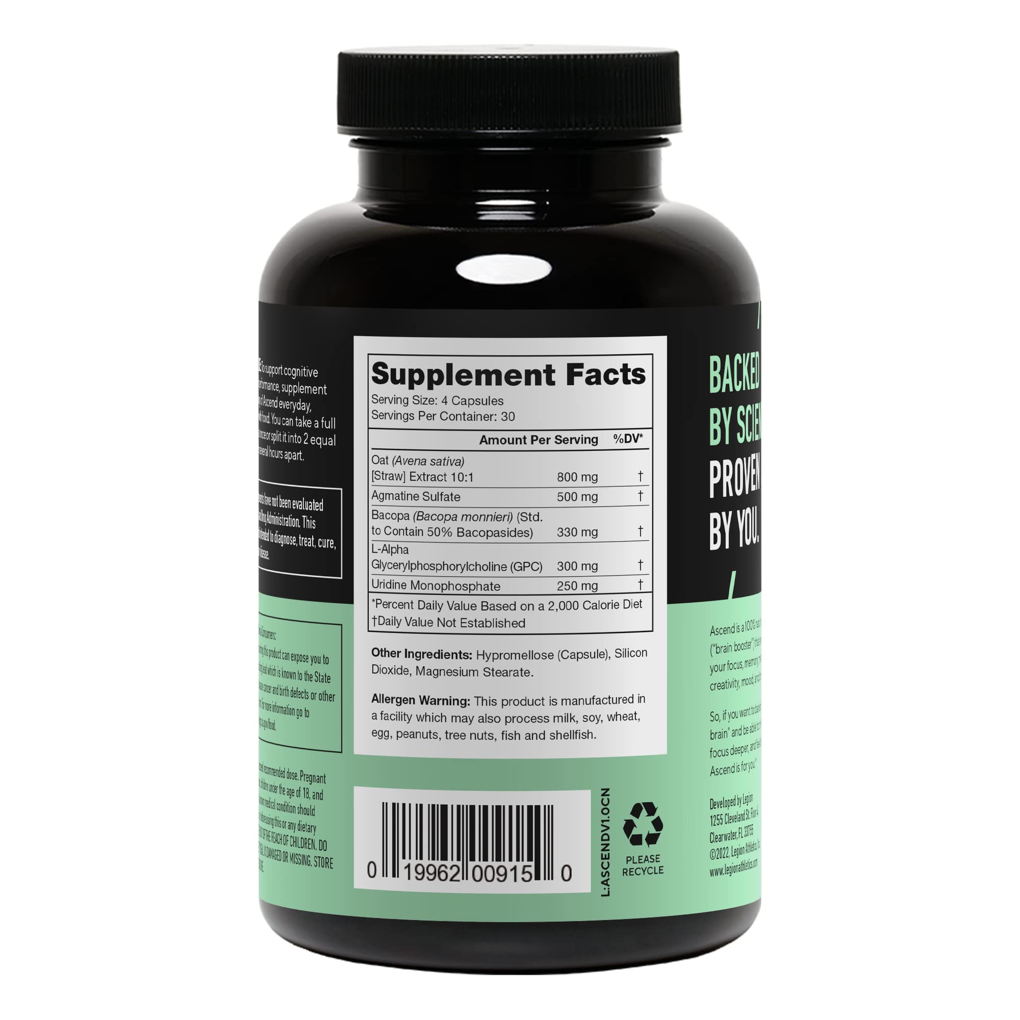 LEGION Ascend Nootropic Cognitive Support Supplement back view