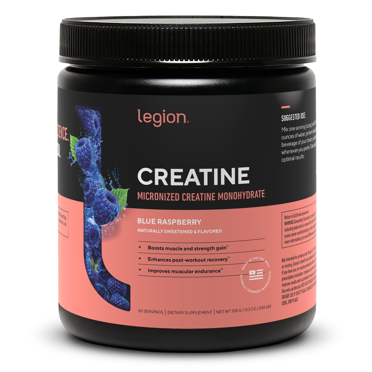 LEGION Micronized Creatine Monohydrate Powder 376g Blue Raspberry front view