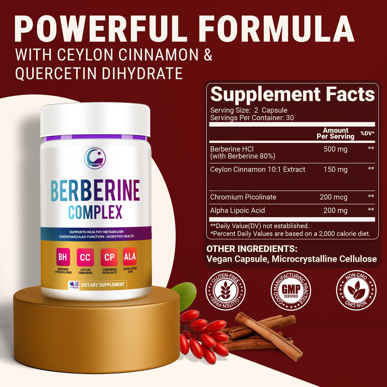 LEGRANO Berberine HCL 500mg capsules side view
