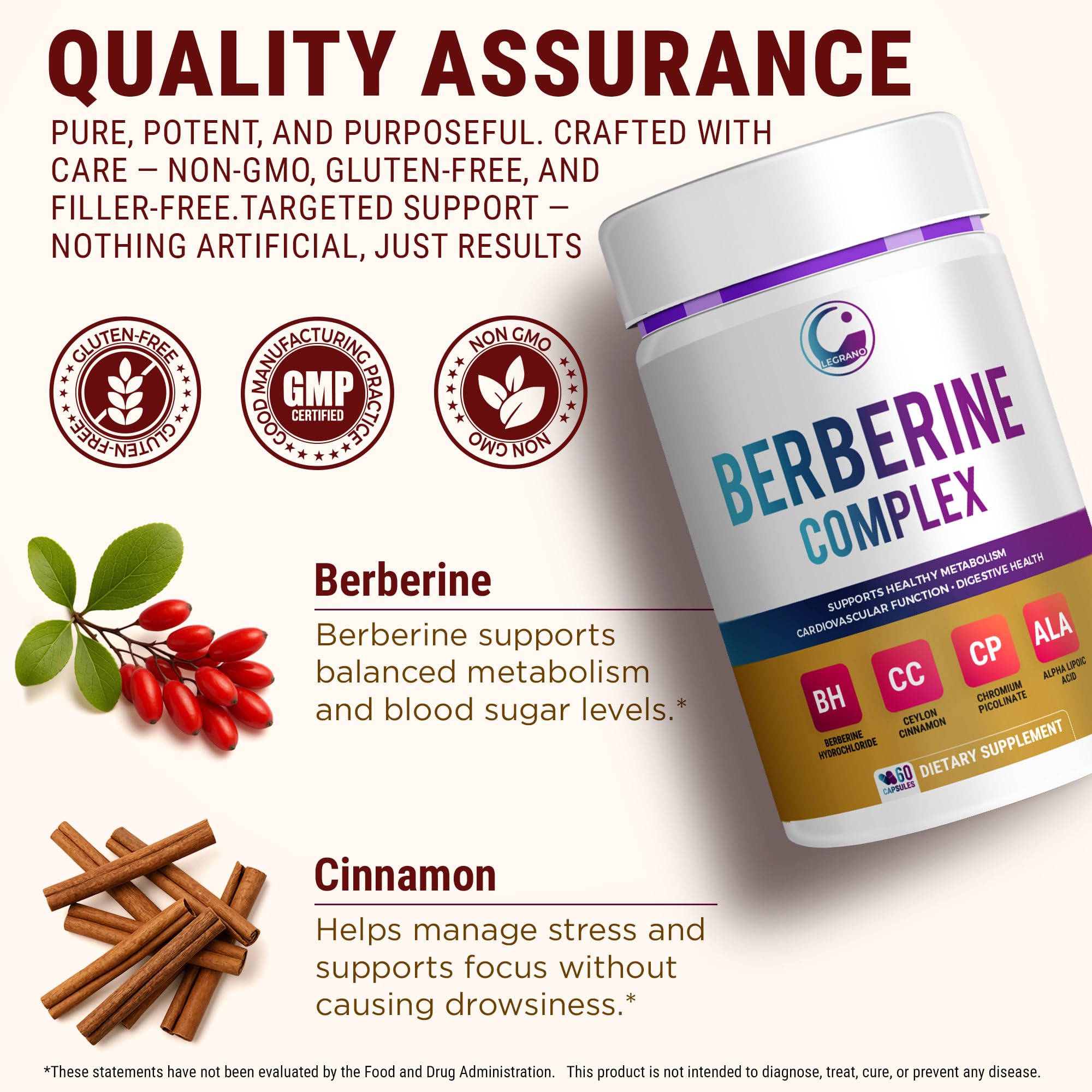 LEGRANO Berberine HCL 500mg supplement back label