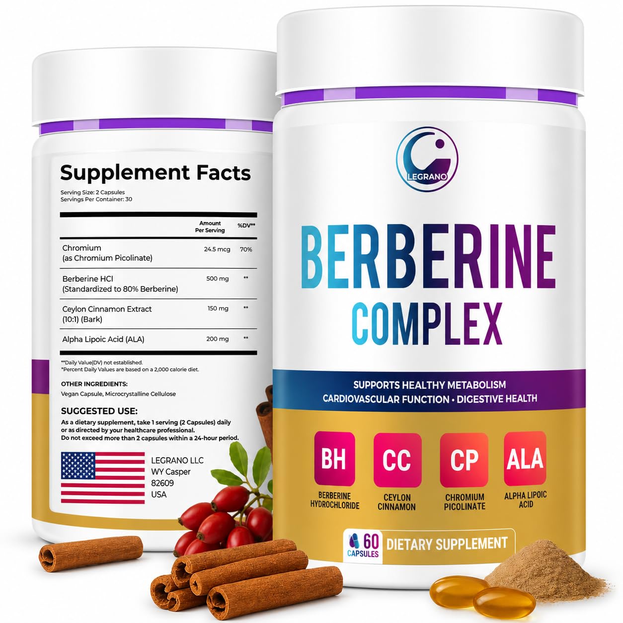 LEGRANO Berberine HCL 500mg supplement bottle front view