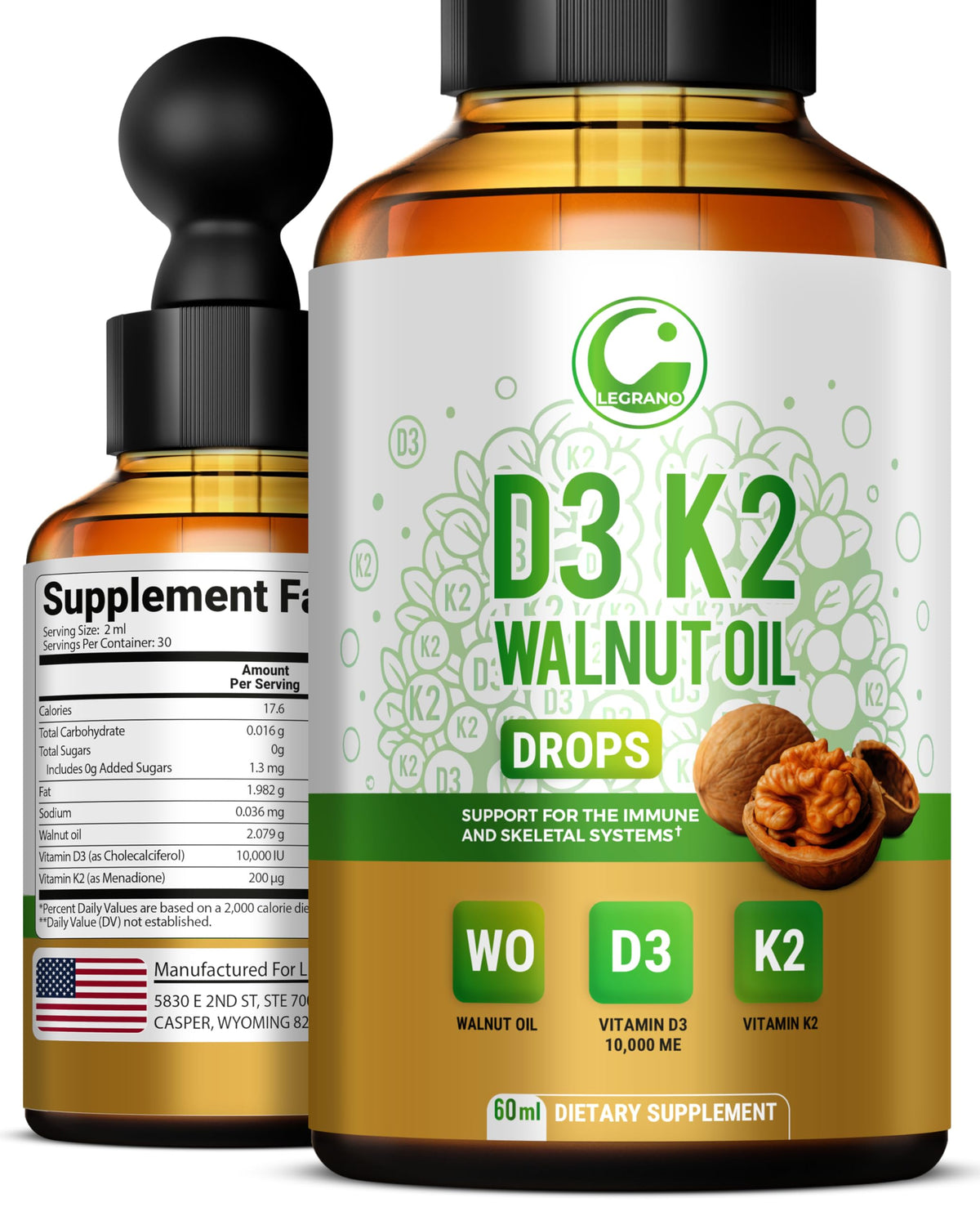 LEGRANO Vitamin D3 & K2 Liquid 10,000 IU bottle front view