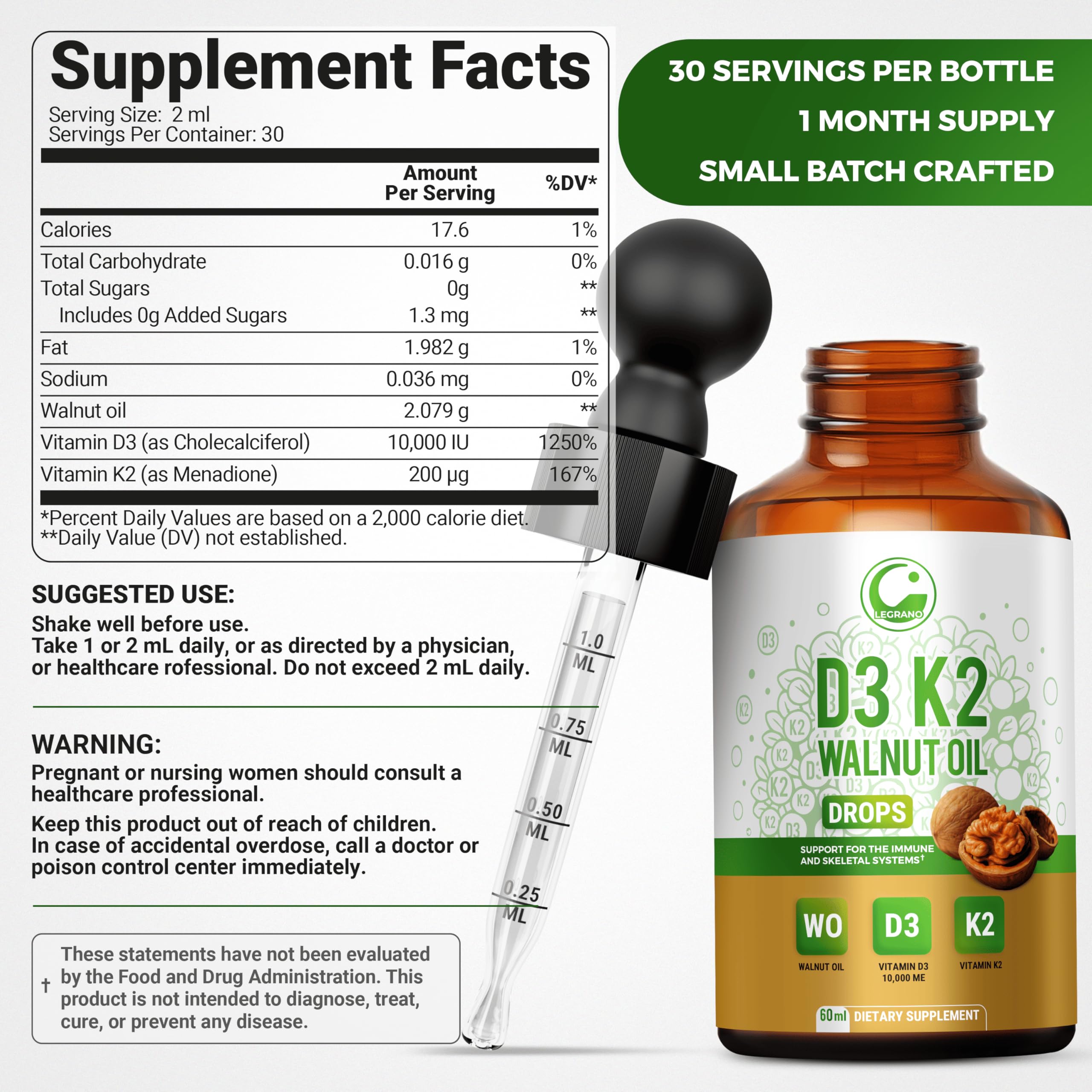 LEGRANO Vitamin D3 & K2 Liquid 10,000 IU bottle side view