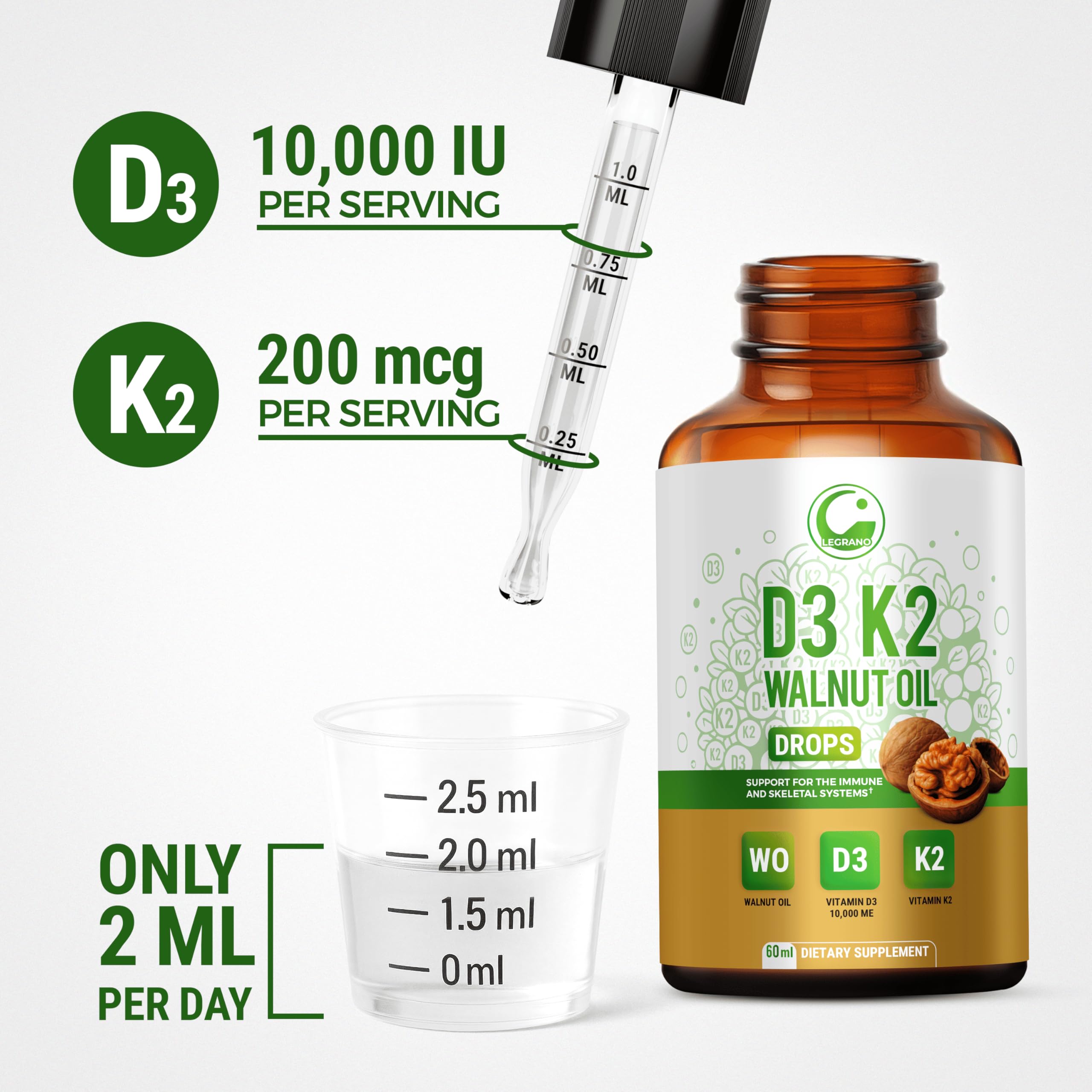 LEGRANO Vitamin D3 & K2 Liquid 10,000 IU on a kitchen counter