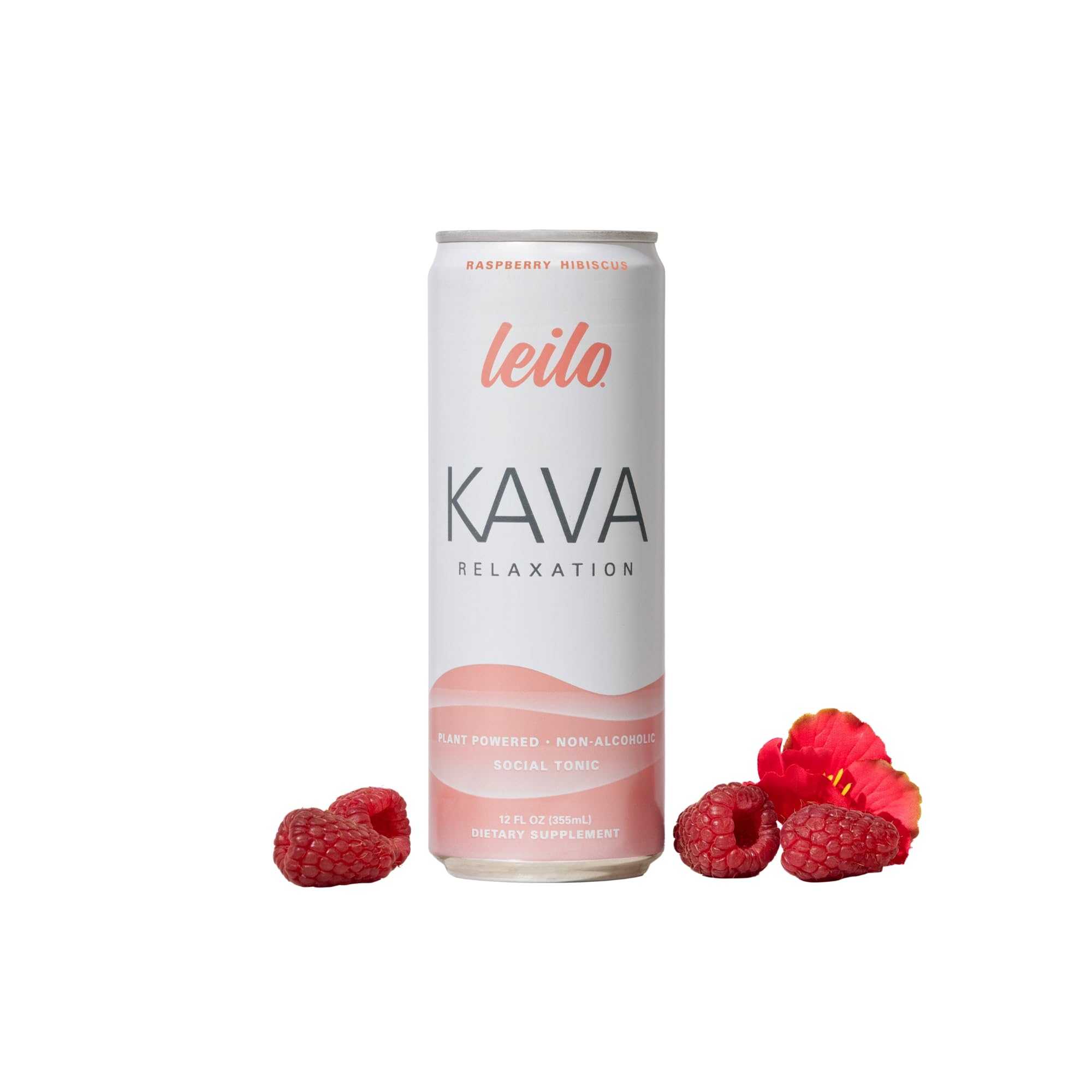 LEILO Kava Kava Drink 12oz can front view with Bright Raspberry + Hibiscus design