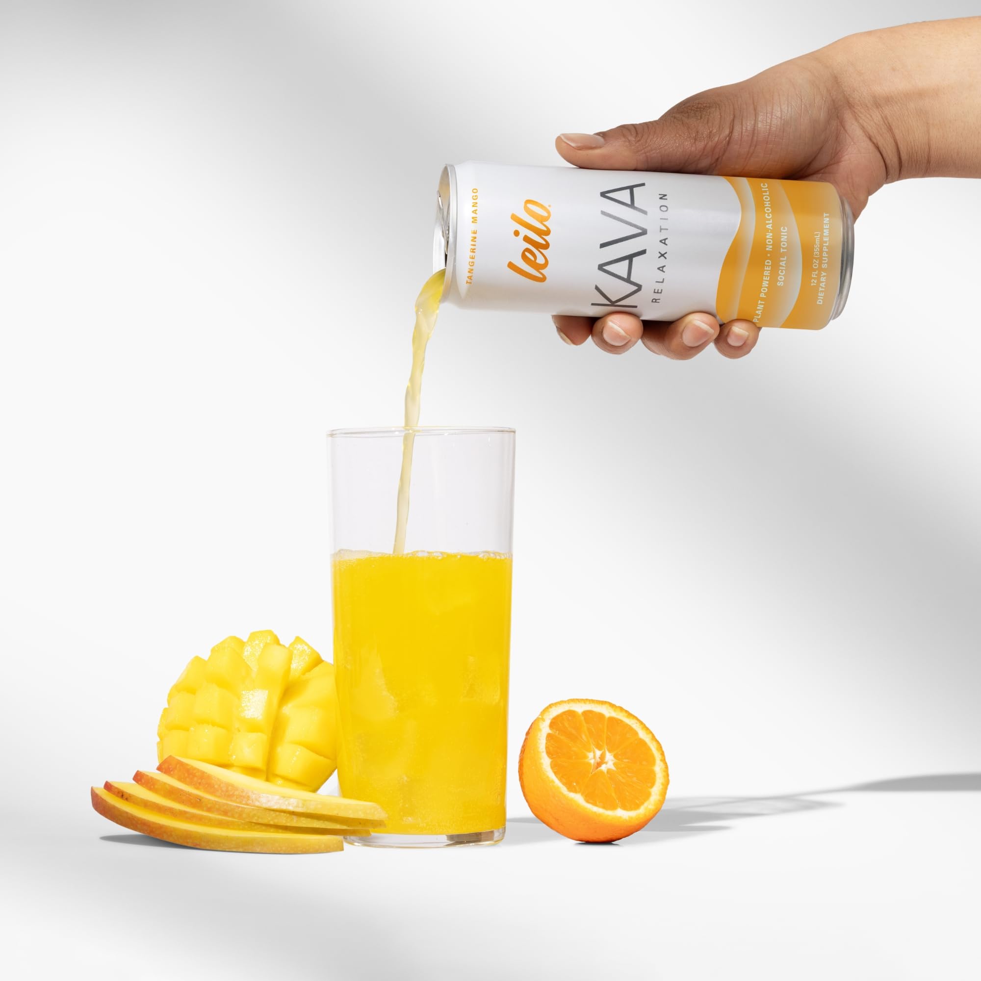 LEILO Kava Kava Sparkling Drink can side view, showcasing ingredients