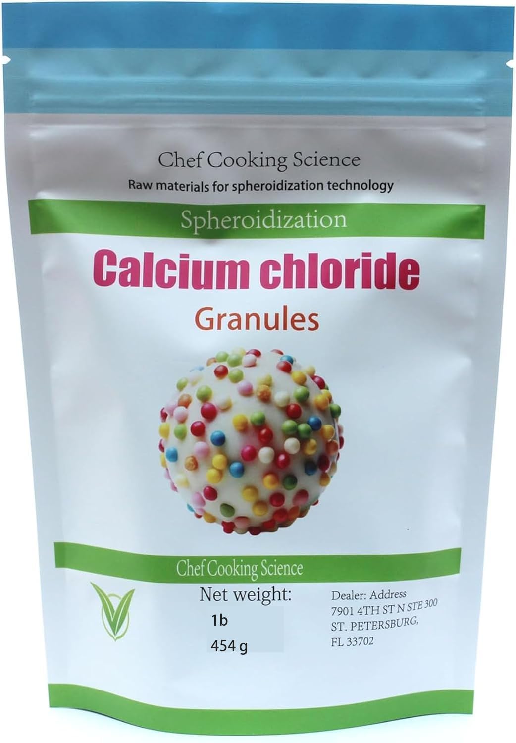 LEIMENGCHEF Calcium Chloride 454g in a kitchen setting with culinary tools