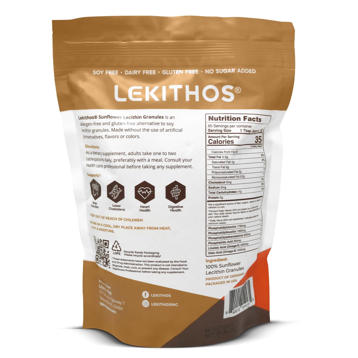 Lekithos Sunflower Lecithin 454g packaging details