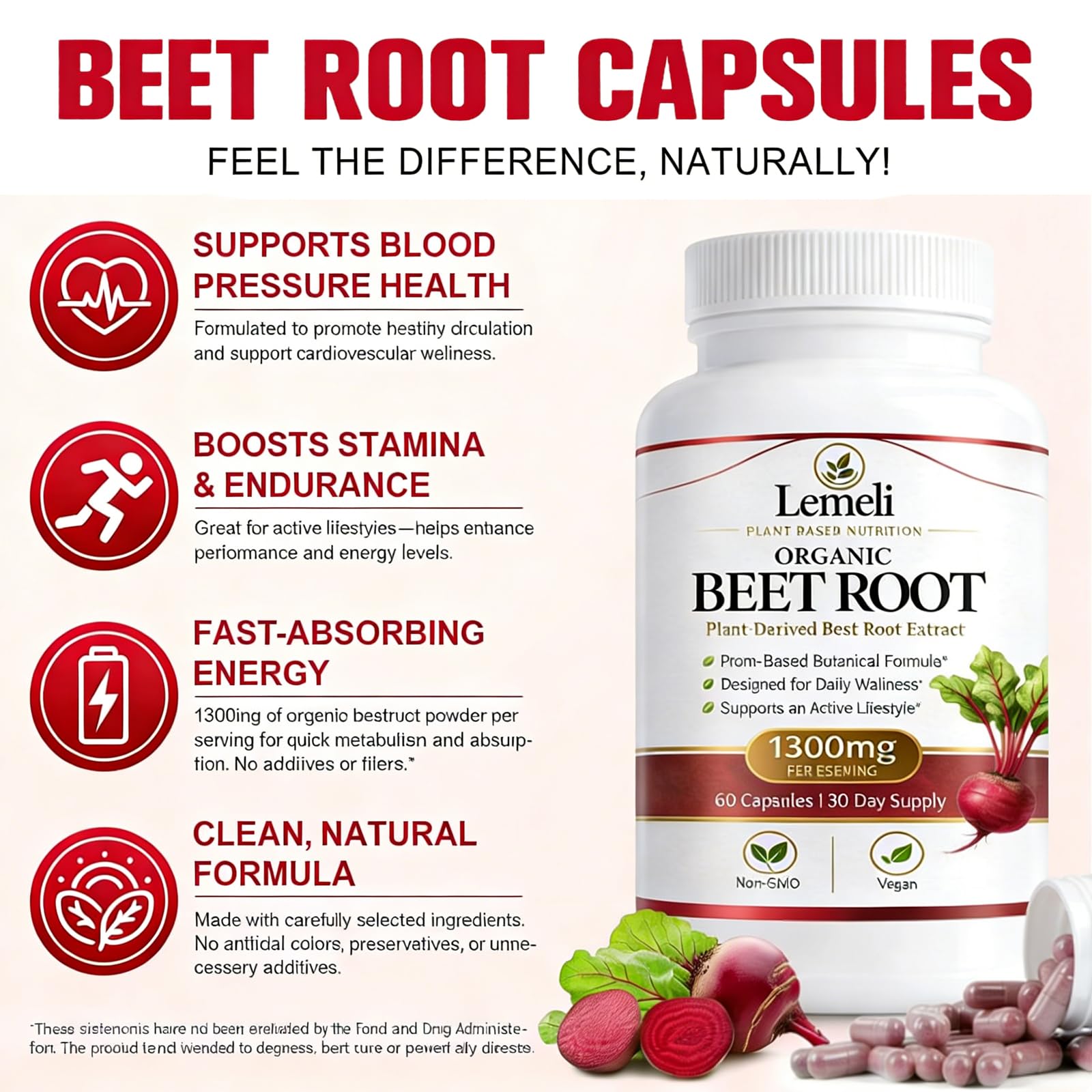 Lemeli Beetroot 1300mg Capsules with a measuring spoon