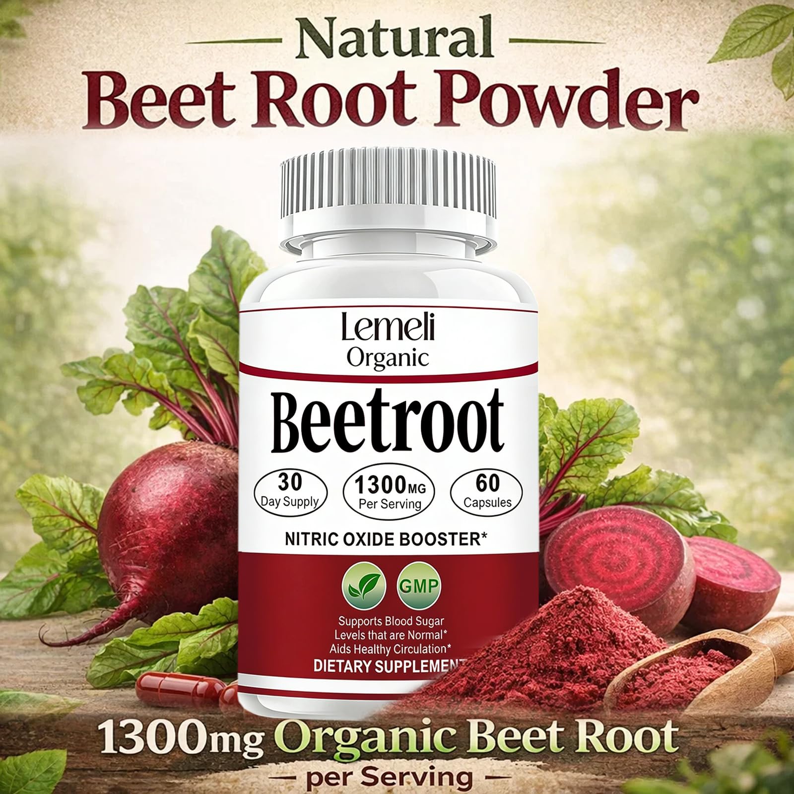 Lemeli Organic Beet Root Powder Capsules 1300mg side view