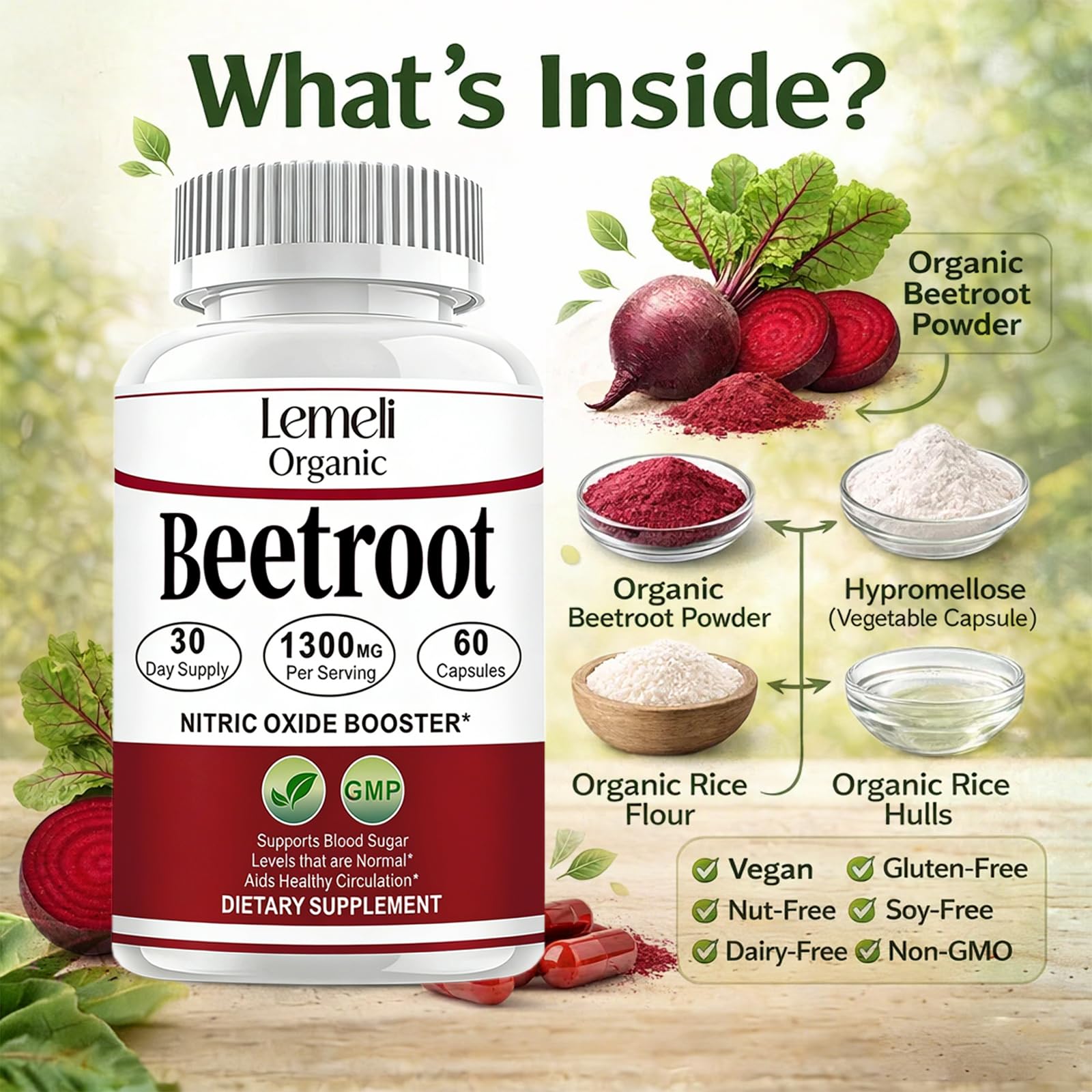Lemeli Organic Beet Root Powder Capsules 1300mg with measuring scoop