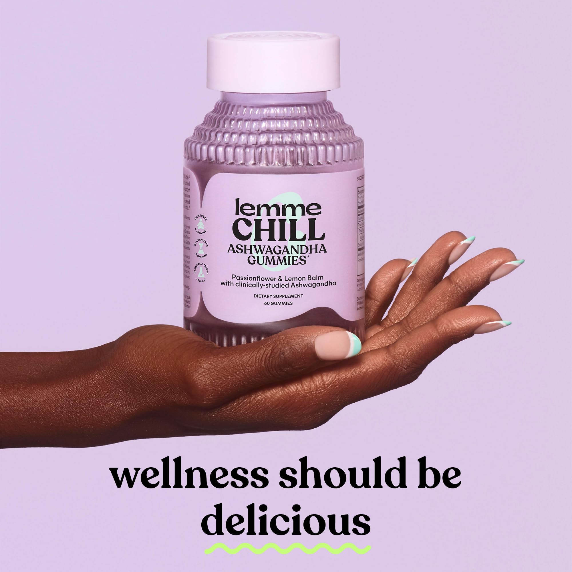 Lemme Chill Ashwagandha bottle with a serene background