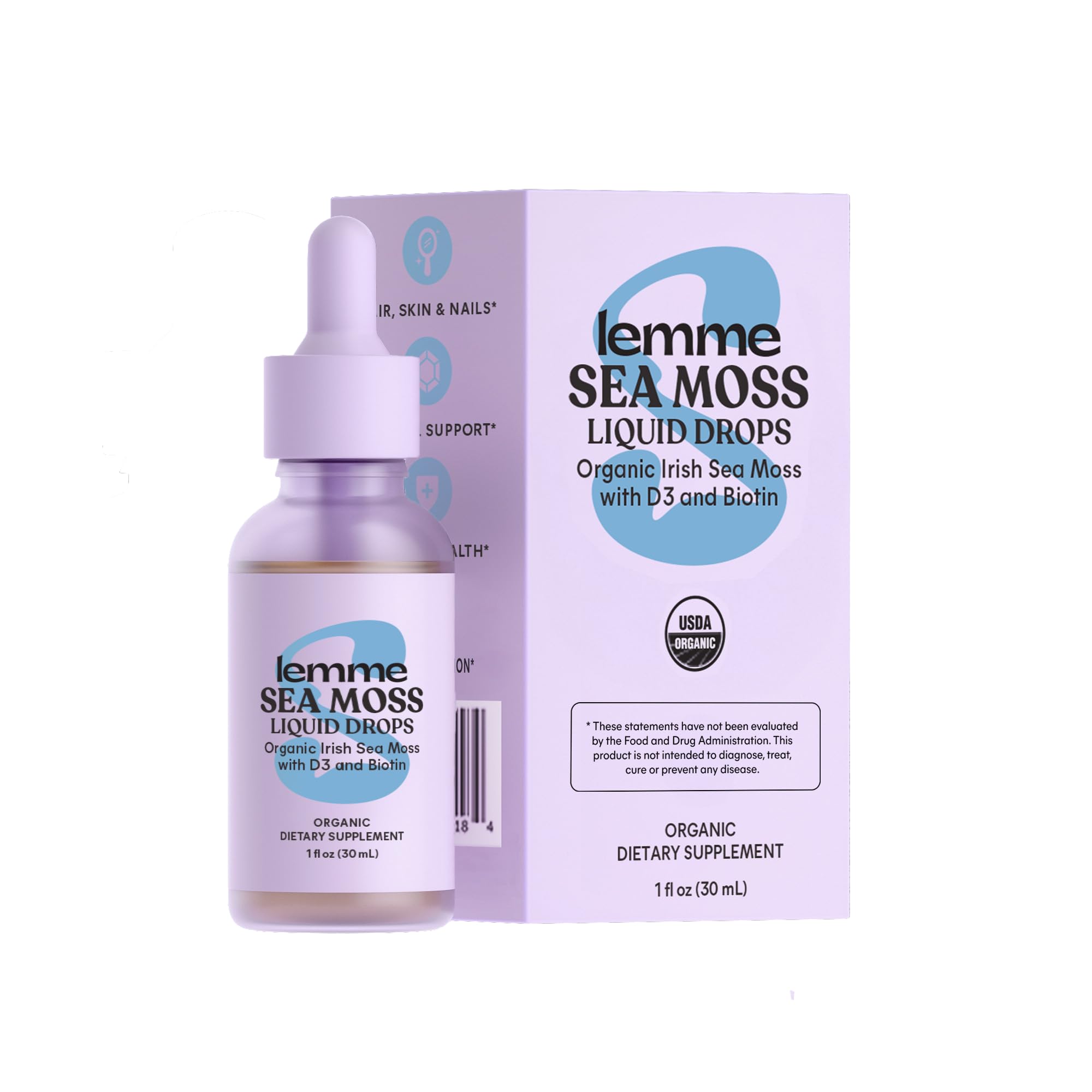 Lemme Irish Sea Moss Liquid Drops front view with packaging