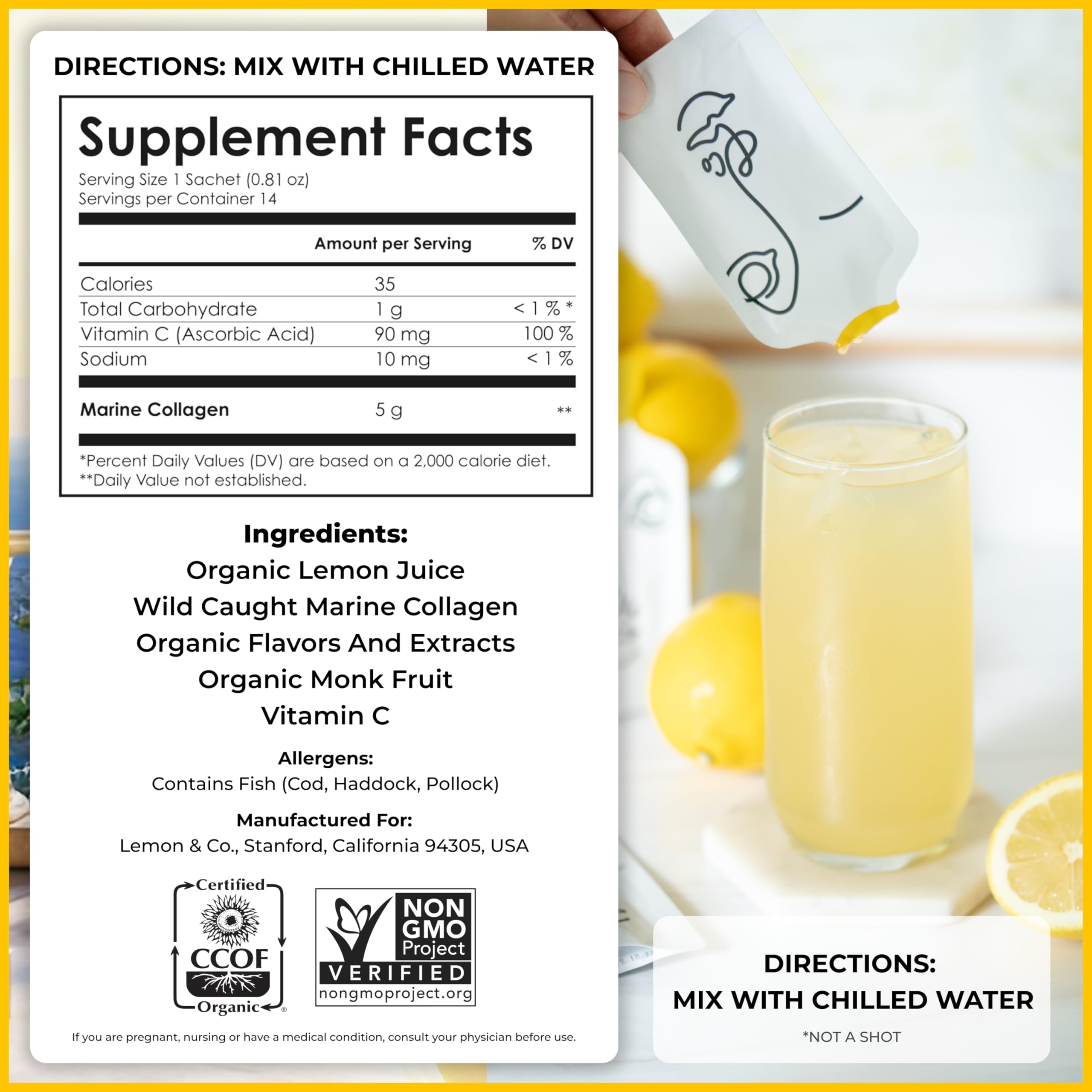 LEMON & CO. Collagen Elixir mixed in a glass of water