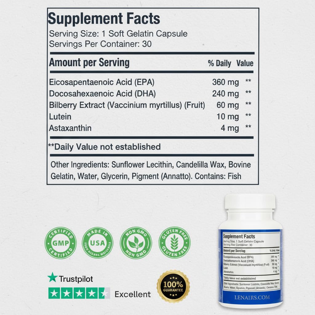 LENAIRS Lutein Eye Comfort Support Capsules displayed with other supplements