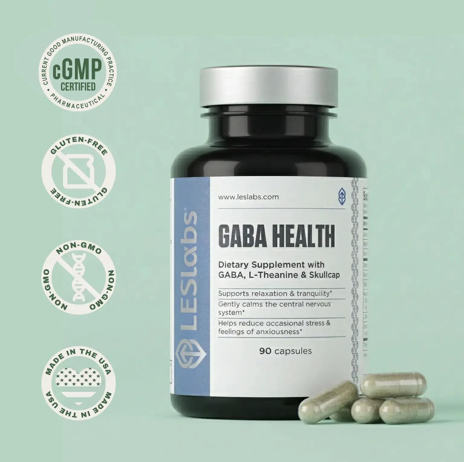 LES Labs GABA Health Sleep Supplement capsules on a wooden surface