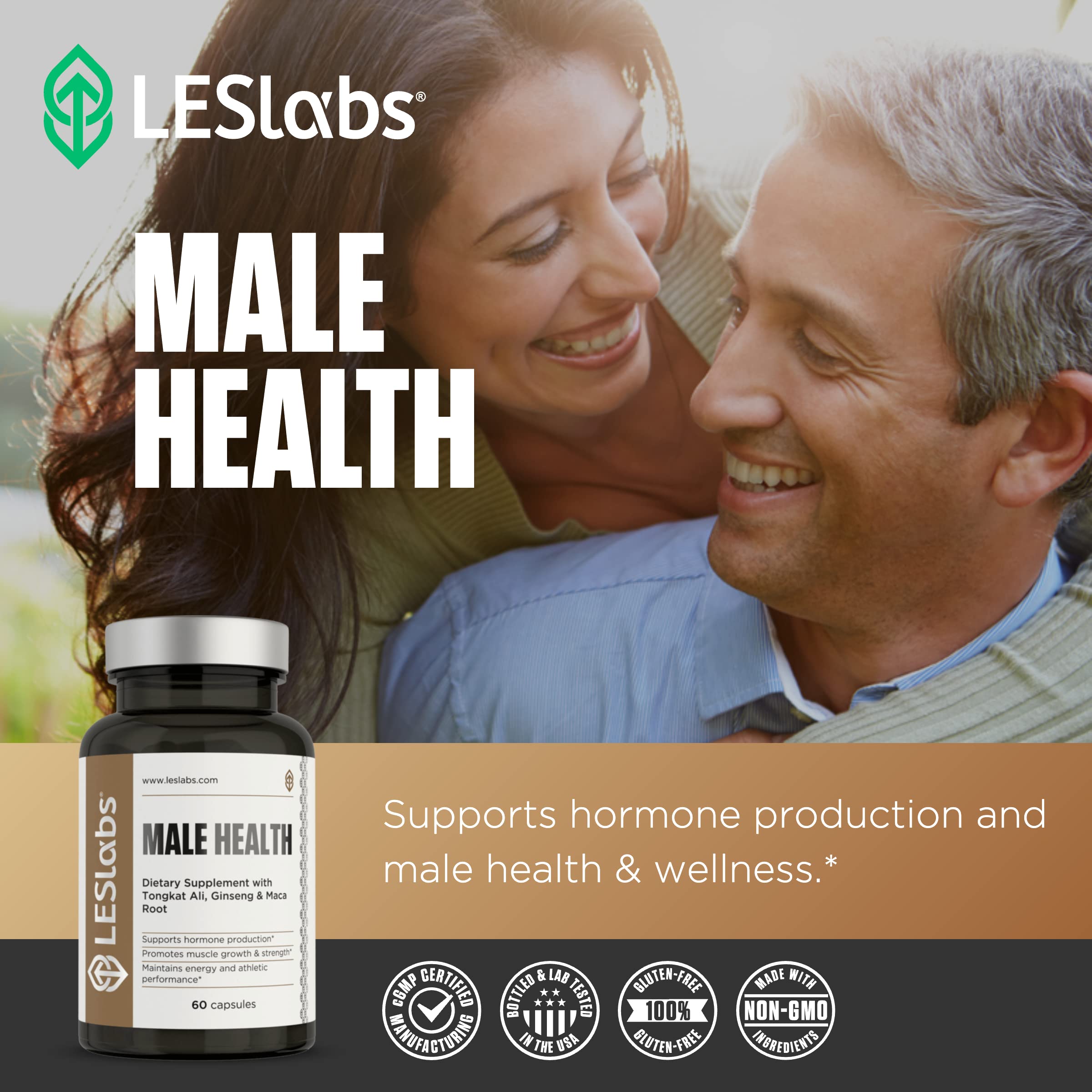 LES Labs Male Health Supplement lifestyle shot with healthy foods