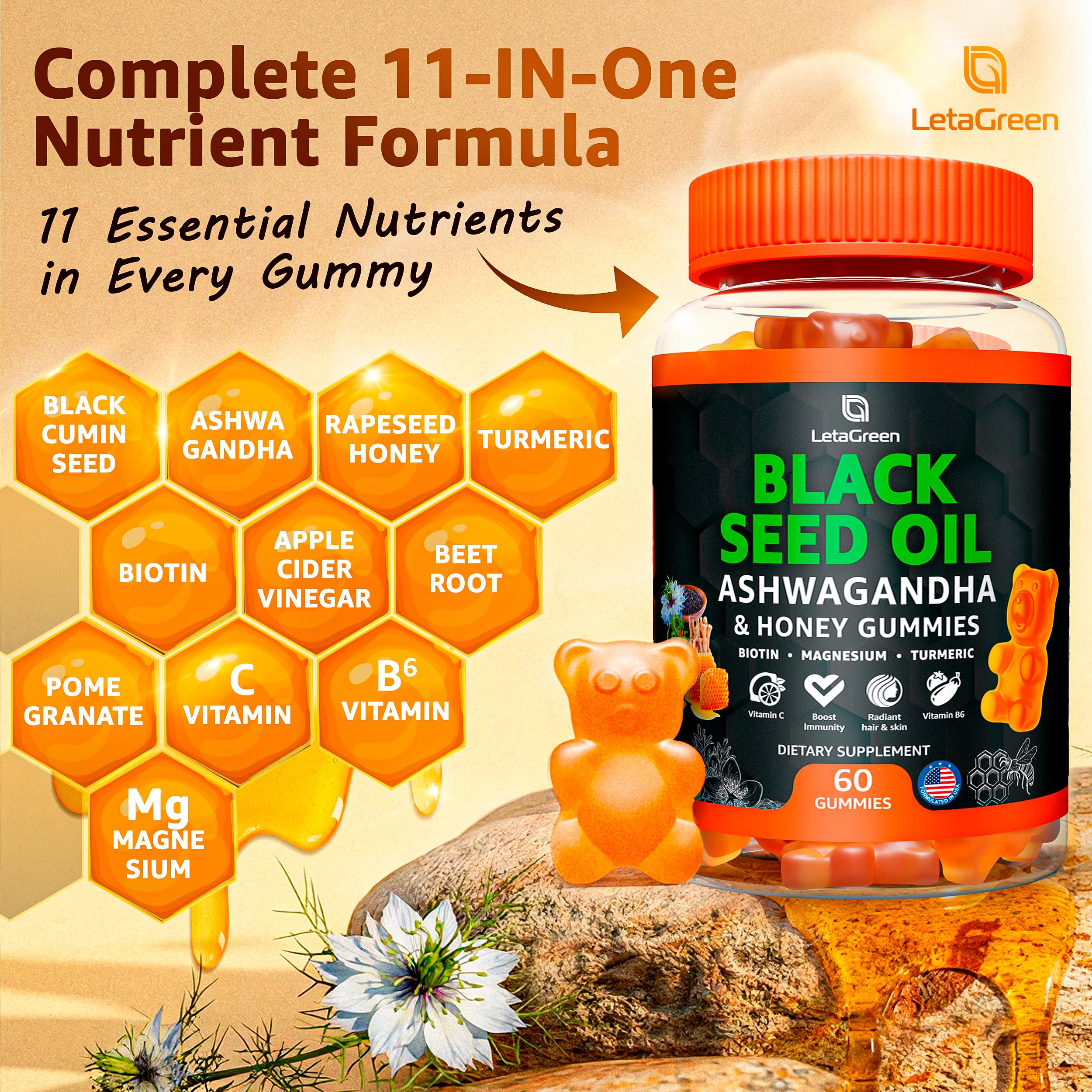 LetaGreen Black Seed Oil Gummies showing natural honey flavour