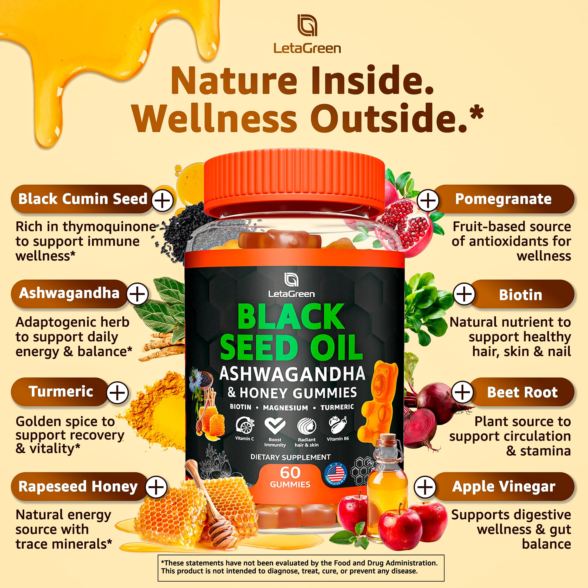 LetaGreen Black Seed Oil Gummies with ingredients list