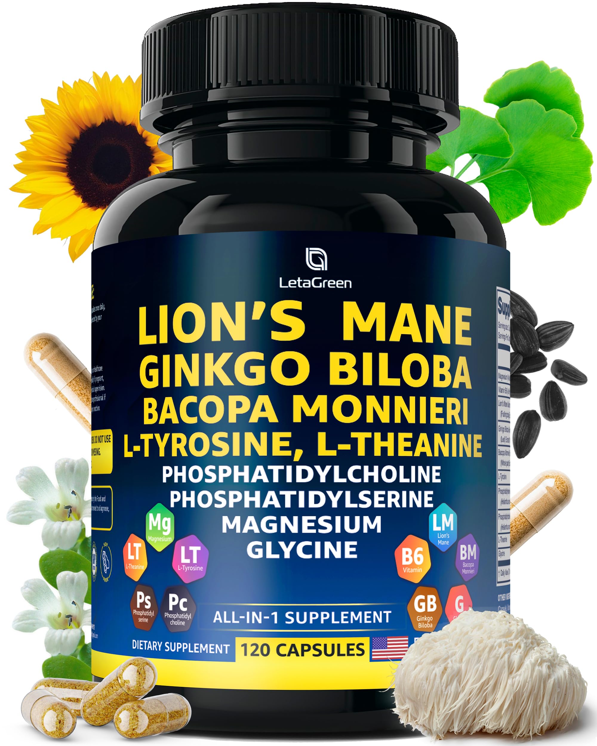 LetaGreen Cogni Up 10-in-1 Mushroom Supplement capsules front view