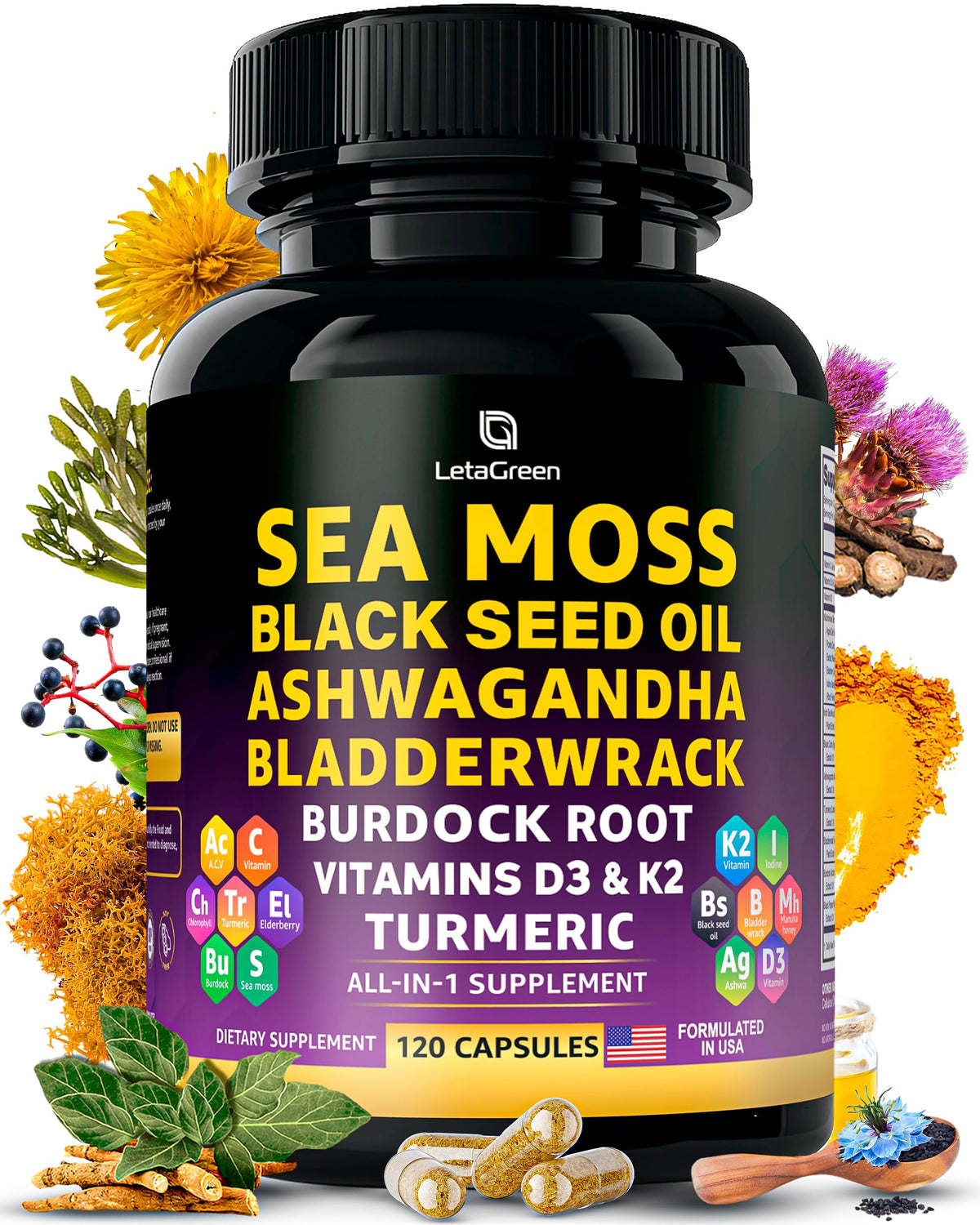 LetaGreen Sea Moss Capsules front view with packaging