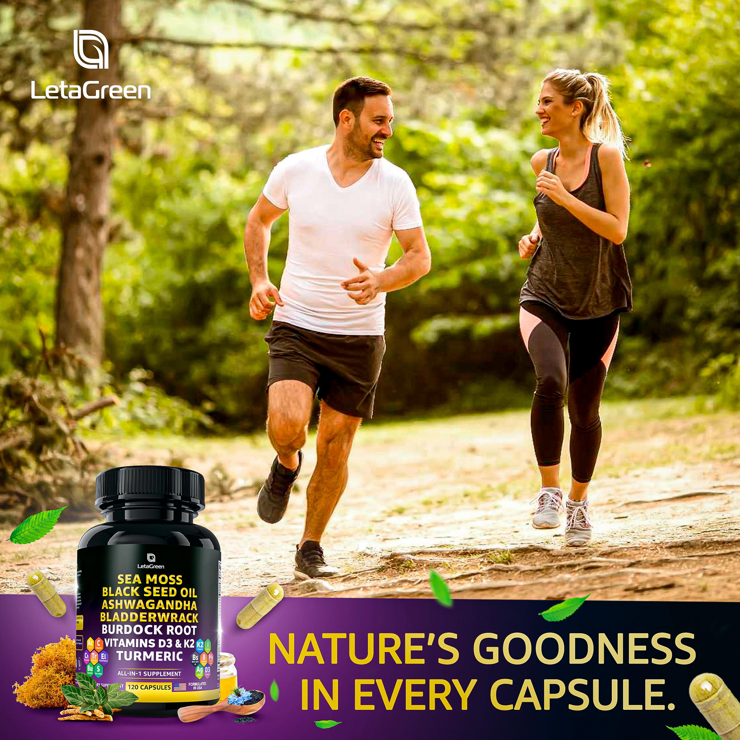 LetaGreen Sea Moss Capsules with a measuring spoon for dosage
